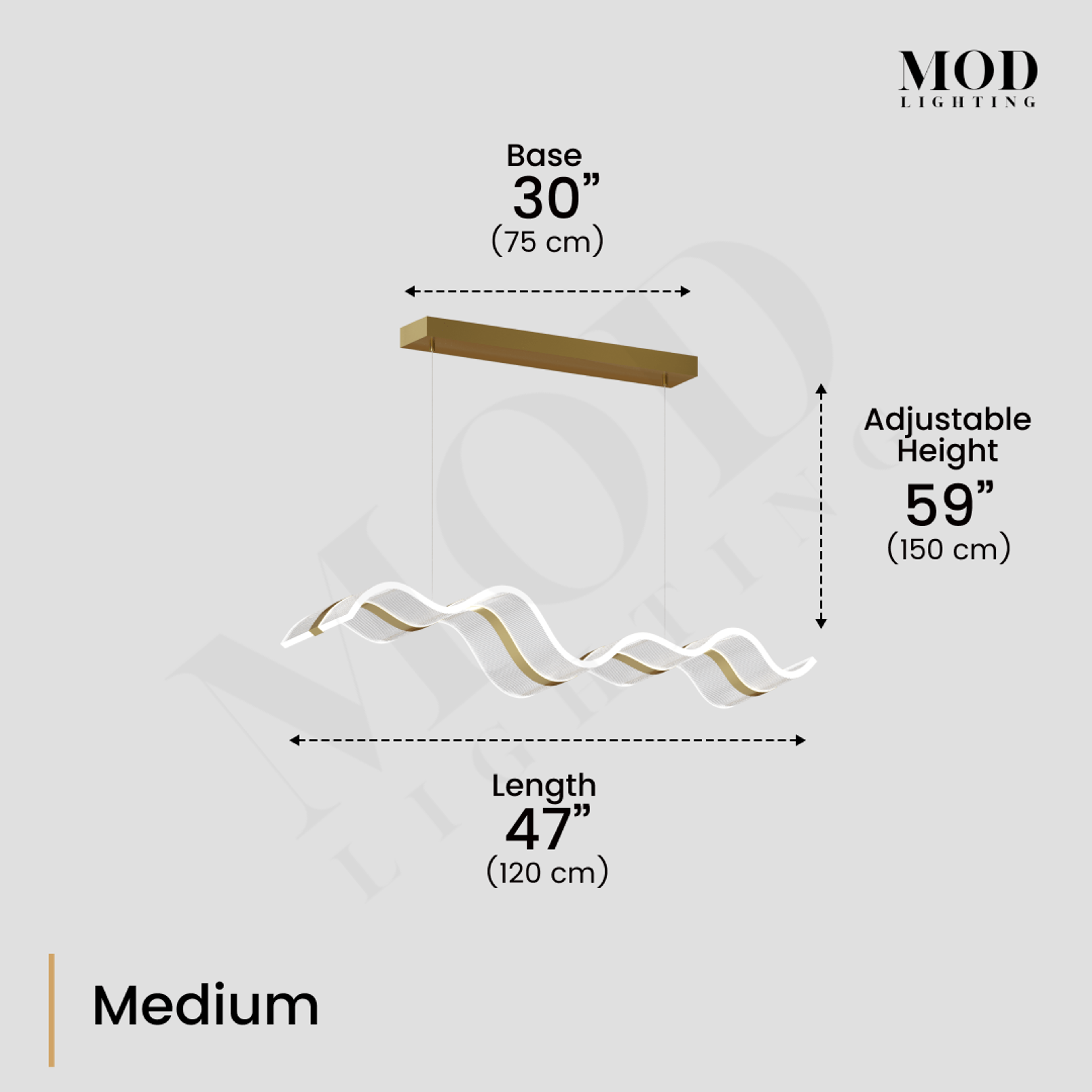 Ribbon gold and frosted wave-form LED pendant; diagram, 30" base, 47" length, 59" height, medium size