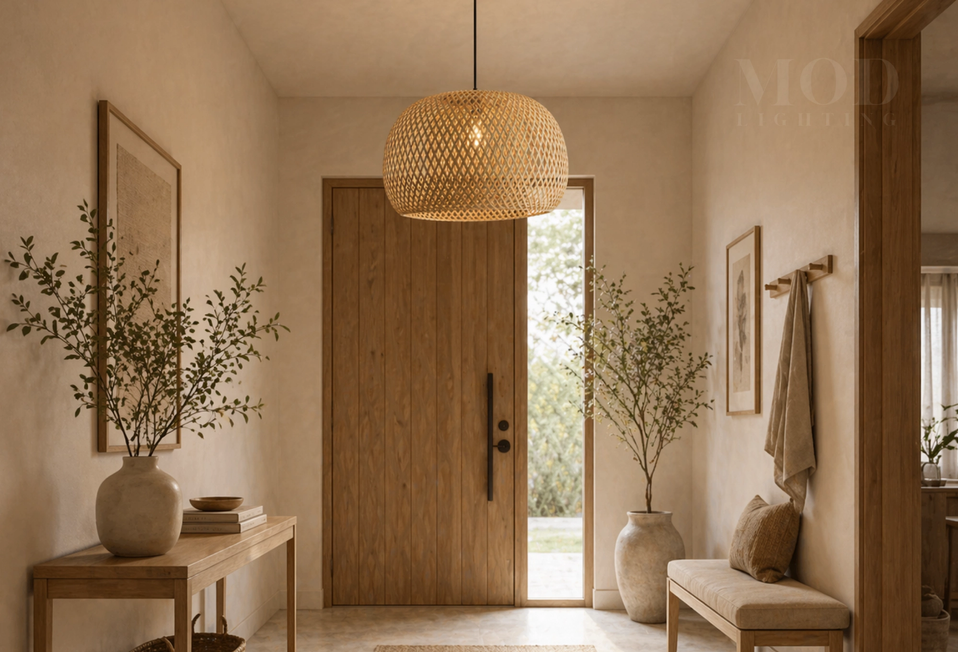 Japandi-inspired entryway with warm pendant light