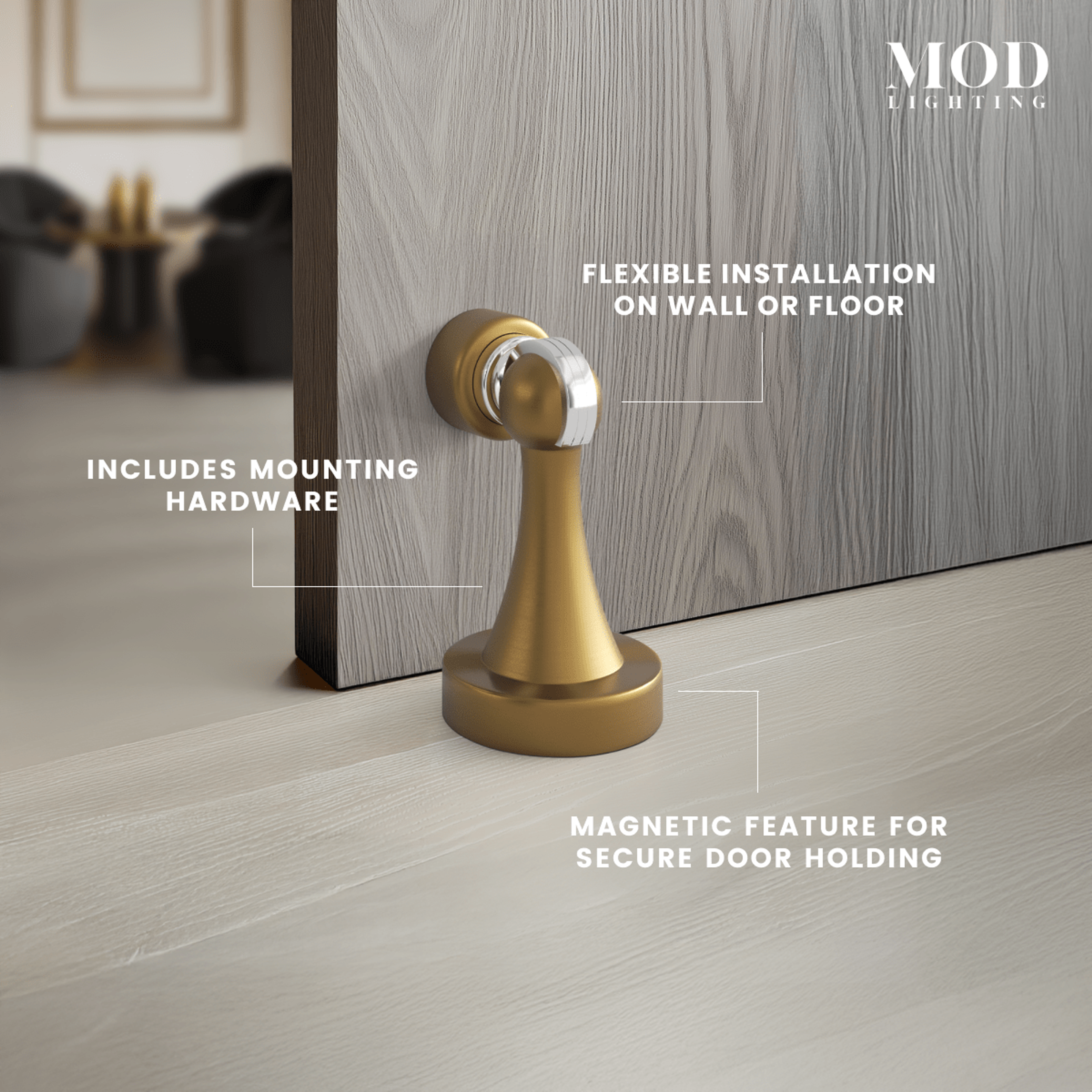 Noka brushed-gold magnetic door stop with callouts: wall or floor install, magnetic hold, hardware