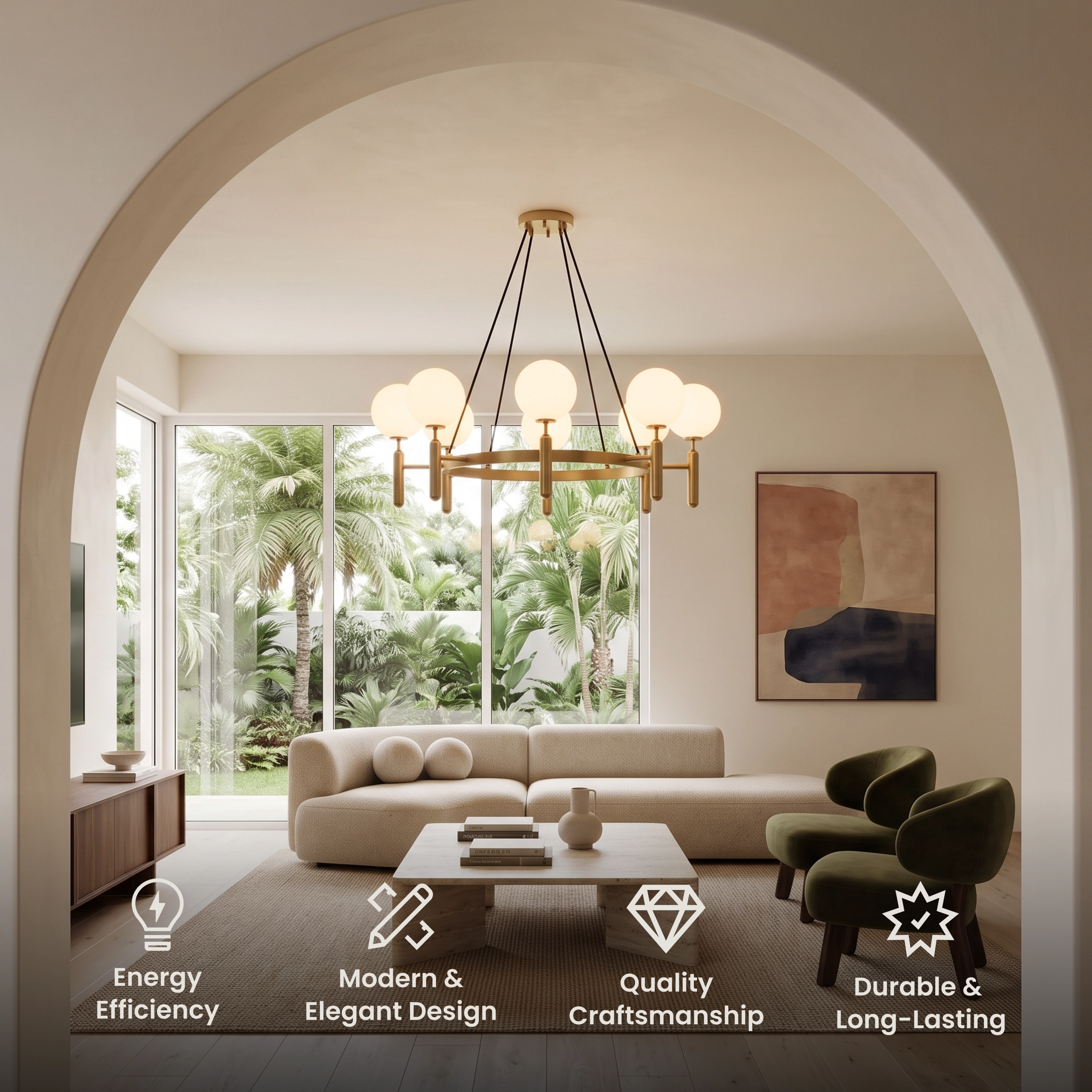 Angelica gold ring chandelier with white glass globe shades over a dining table