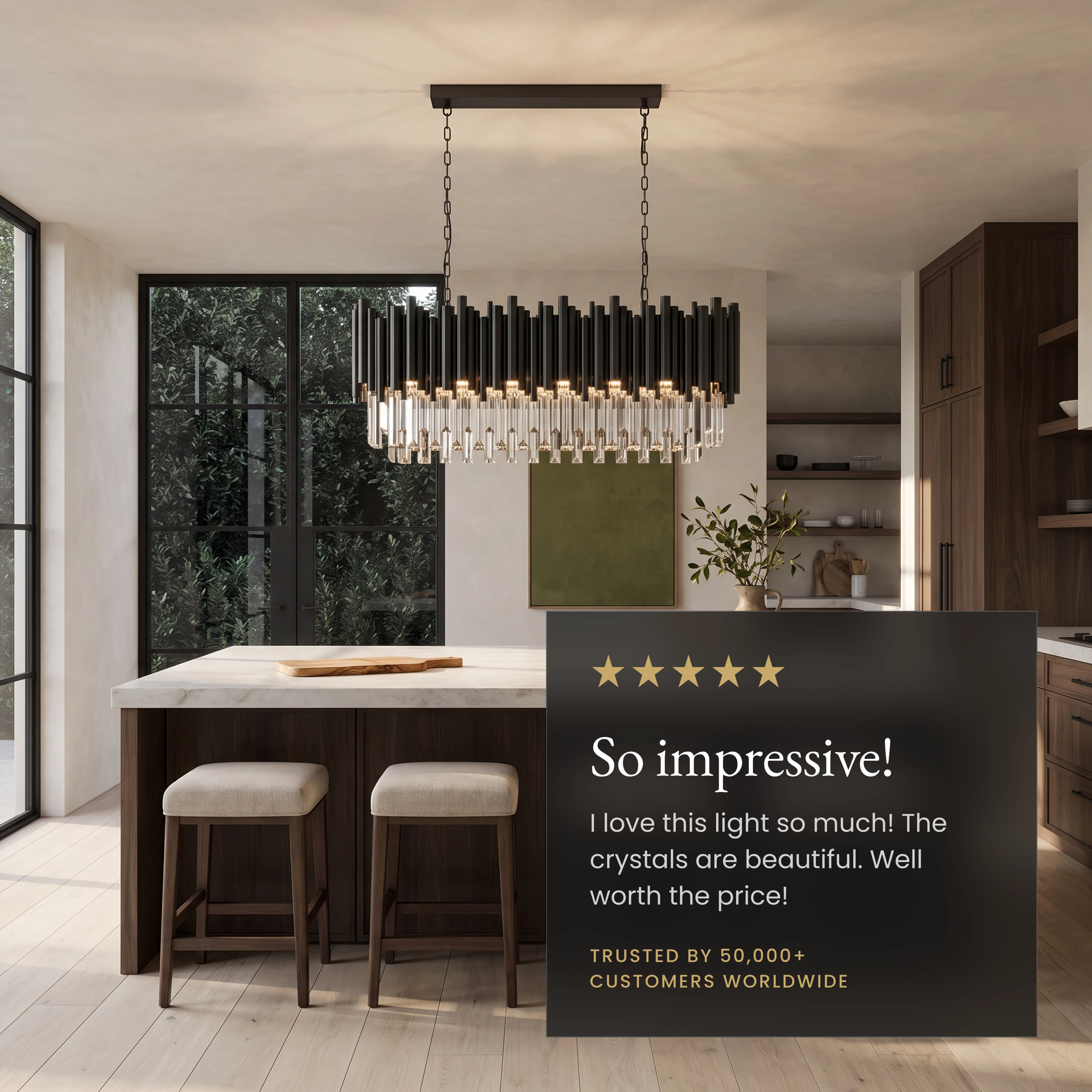 Obsidian Pendant black linear crystal chandelier over a dining table, noting adjustable chain and dimmer support