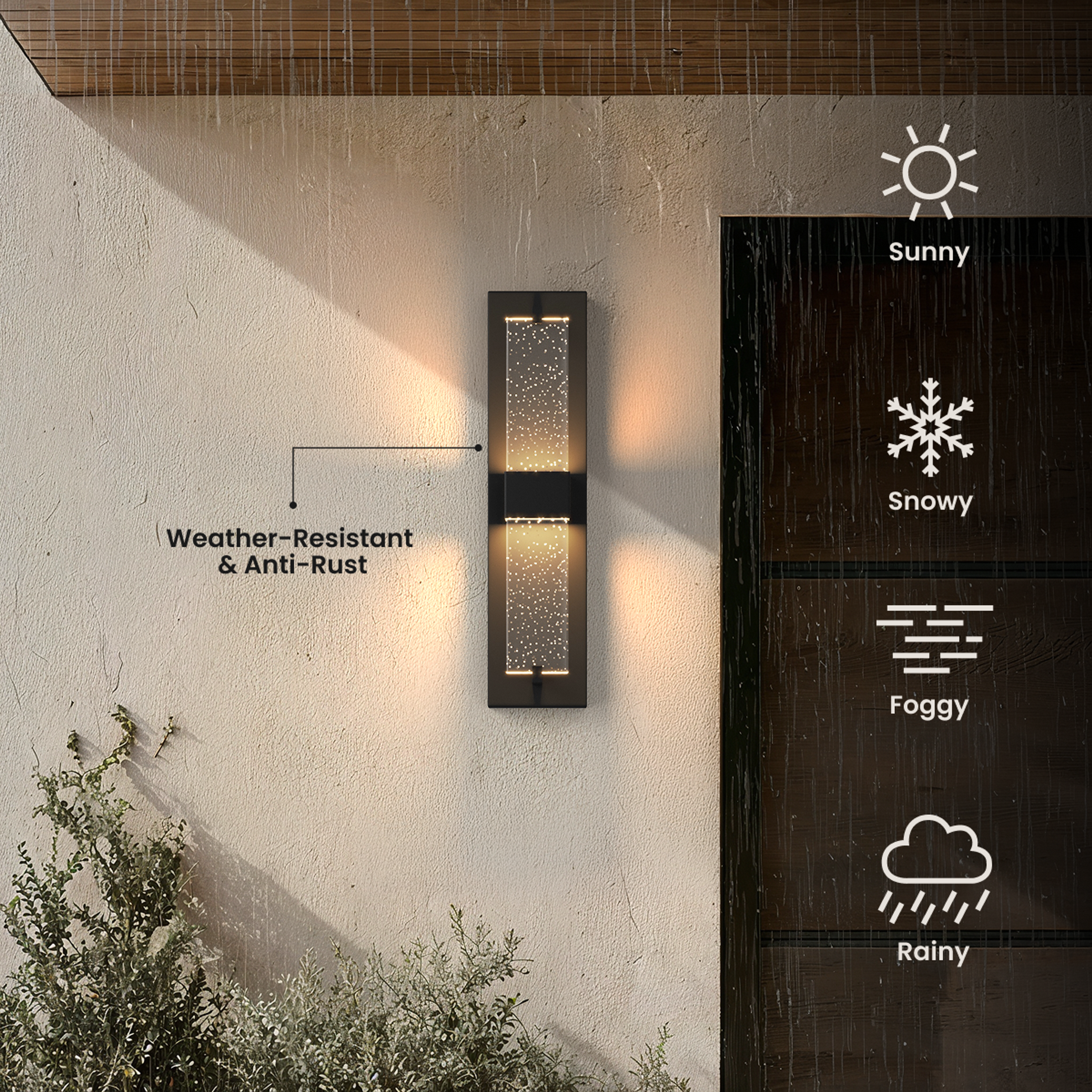 Noir black outdoor sconce with crystal-like accents glowing warm, weather-resistant across four climates