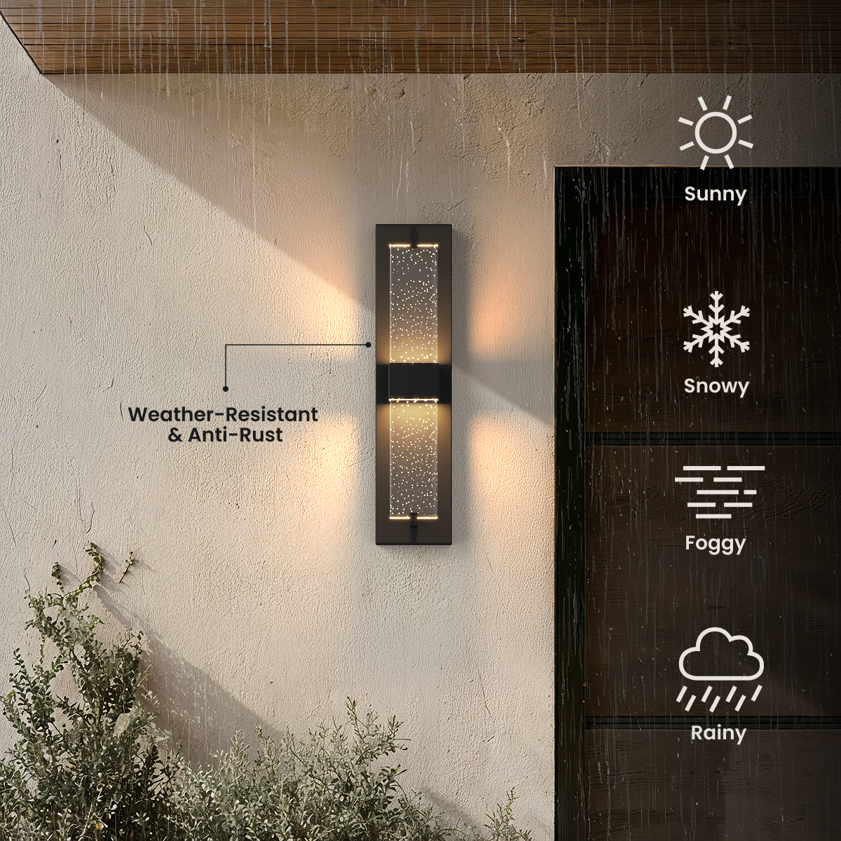 Noir black outdoor sconce with crystal-like accents glowing warm, weather-resistant across four climates