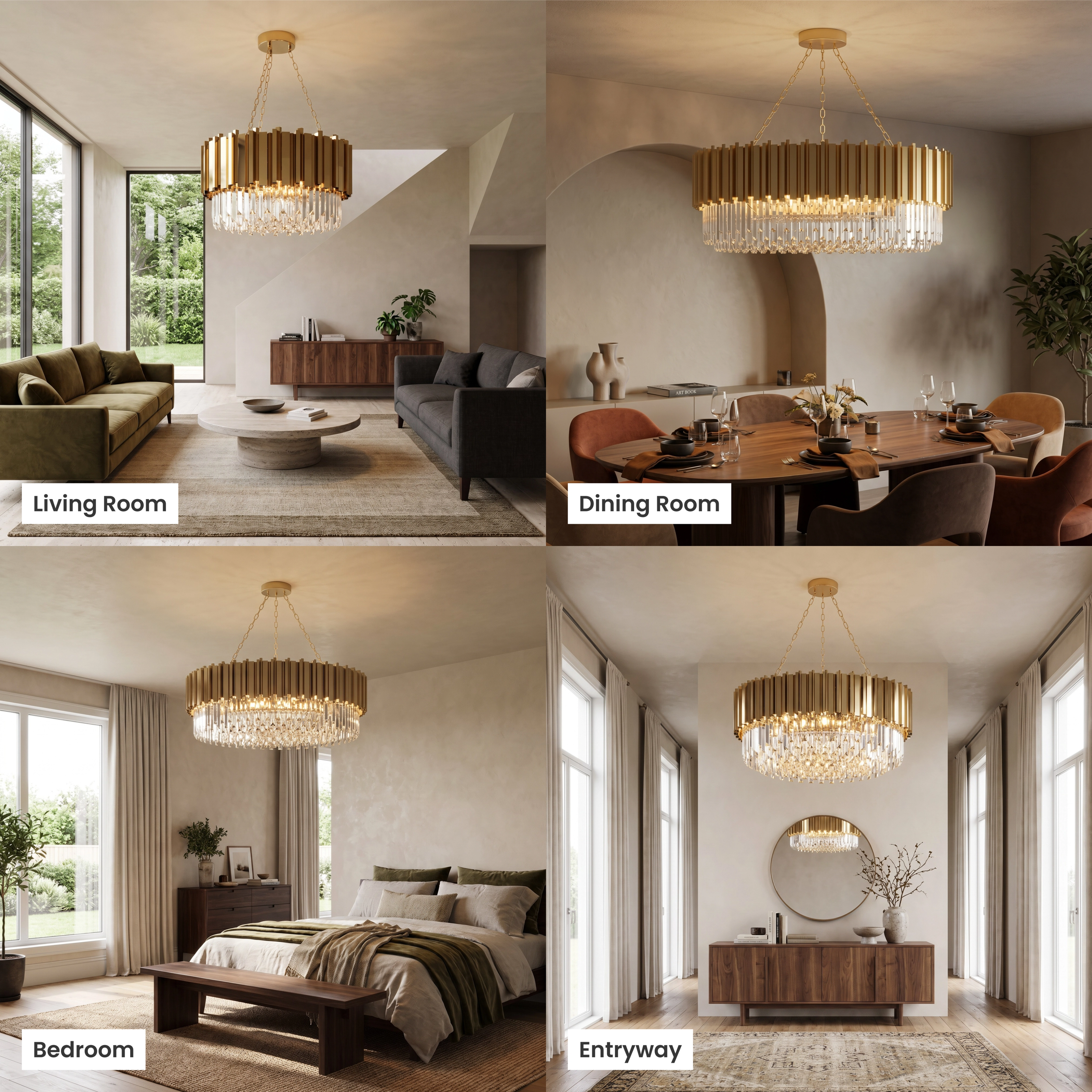 Athena gold crystal chandelier shown in living room, dining room, bedroom and commercial interiors