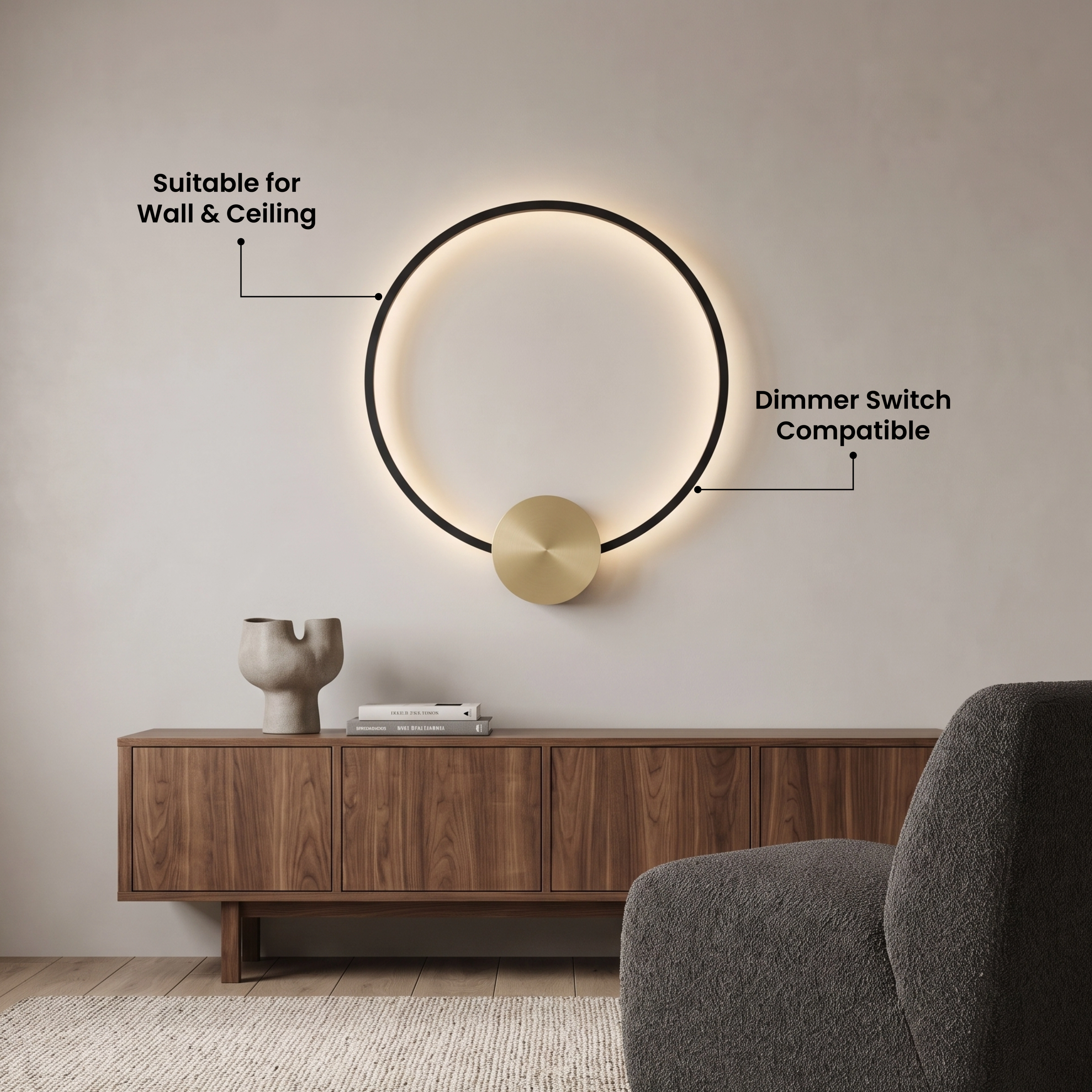 Halo gold ring wall lamp with black disc center, glowing above a fireplace in a neutral living room