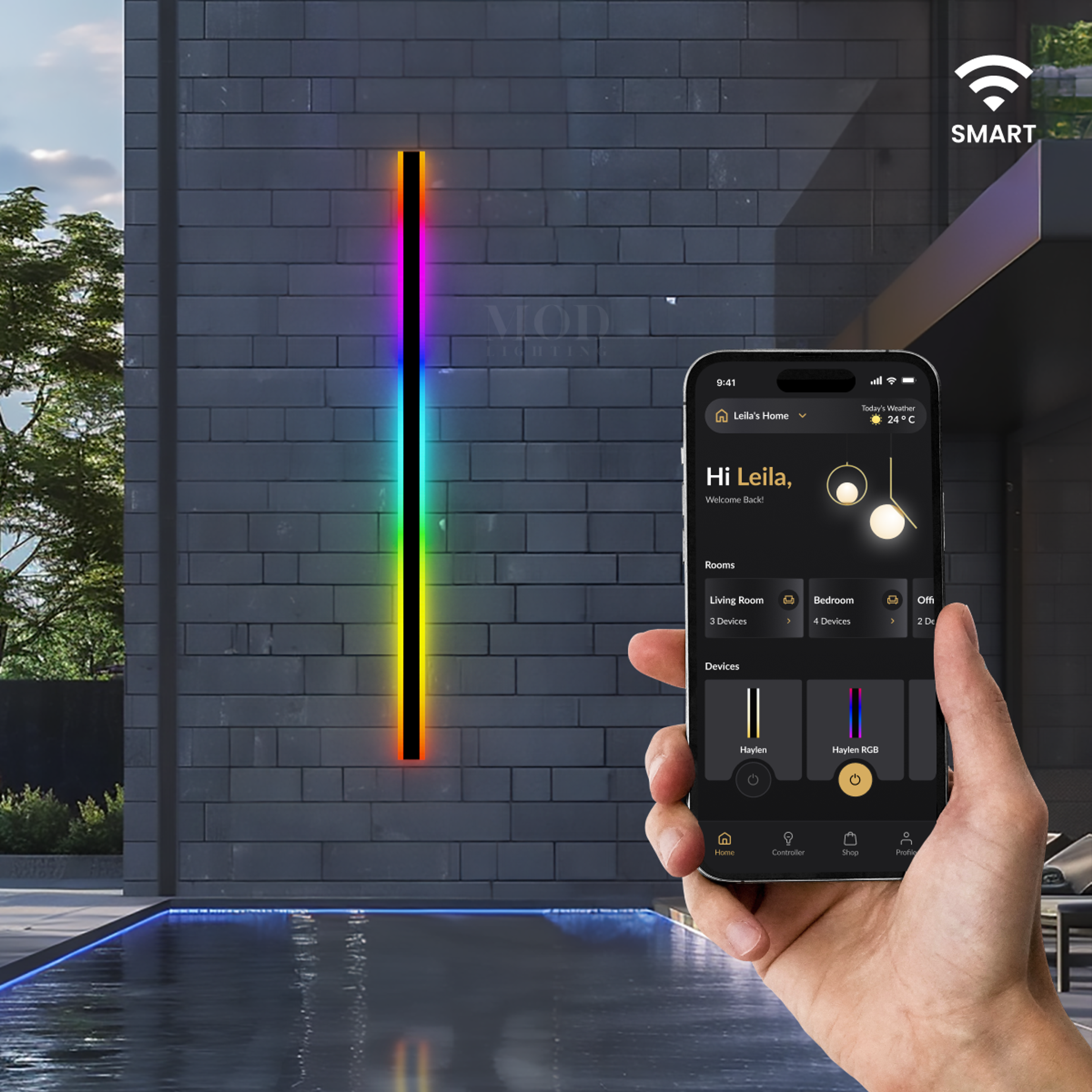 Haylen RGB wall light, slim LED bar glowing in rainbow color beside a poolside wall, app control shown