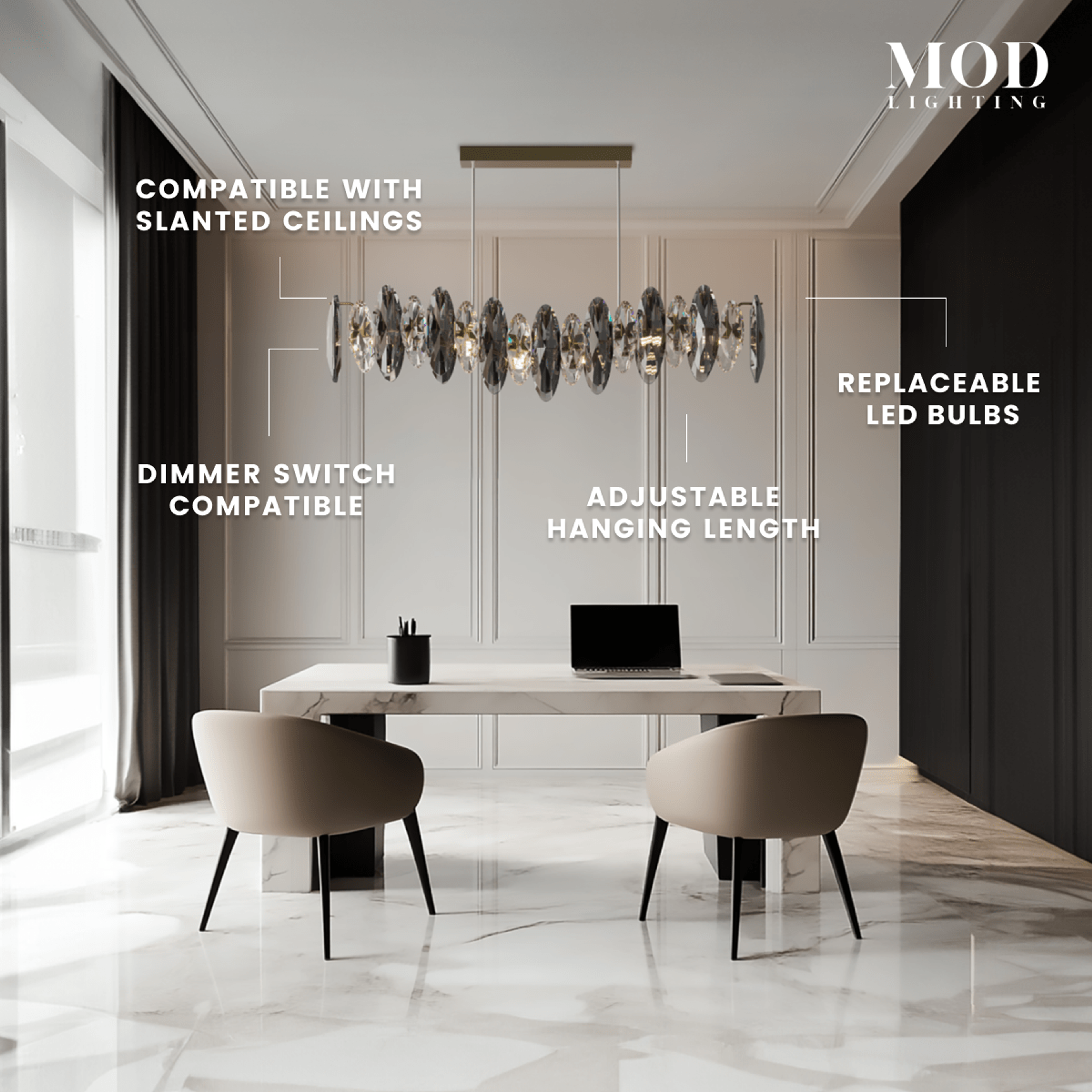 Celestial gold linear crystal pendant over a desk, labeling slant-ceiling, dimmer, length and LED features