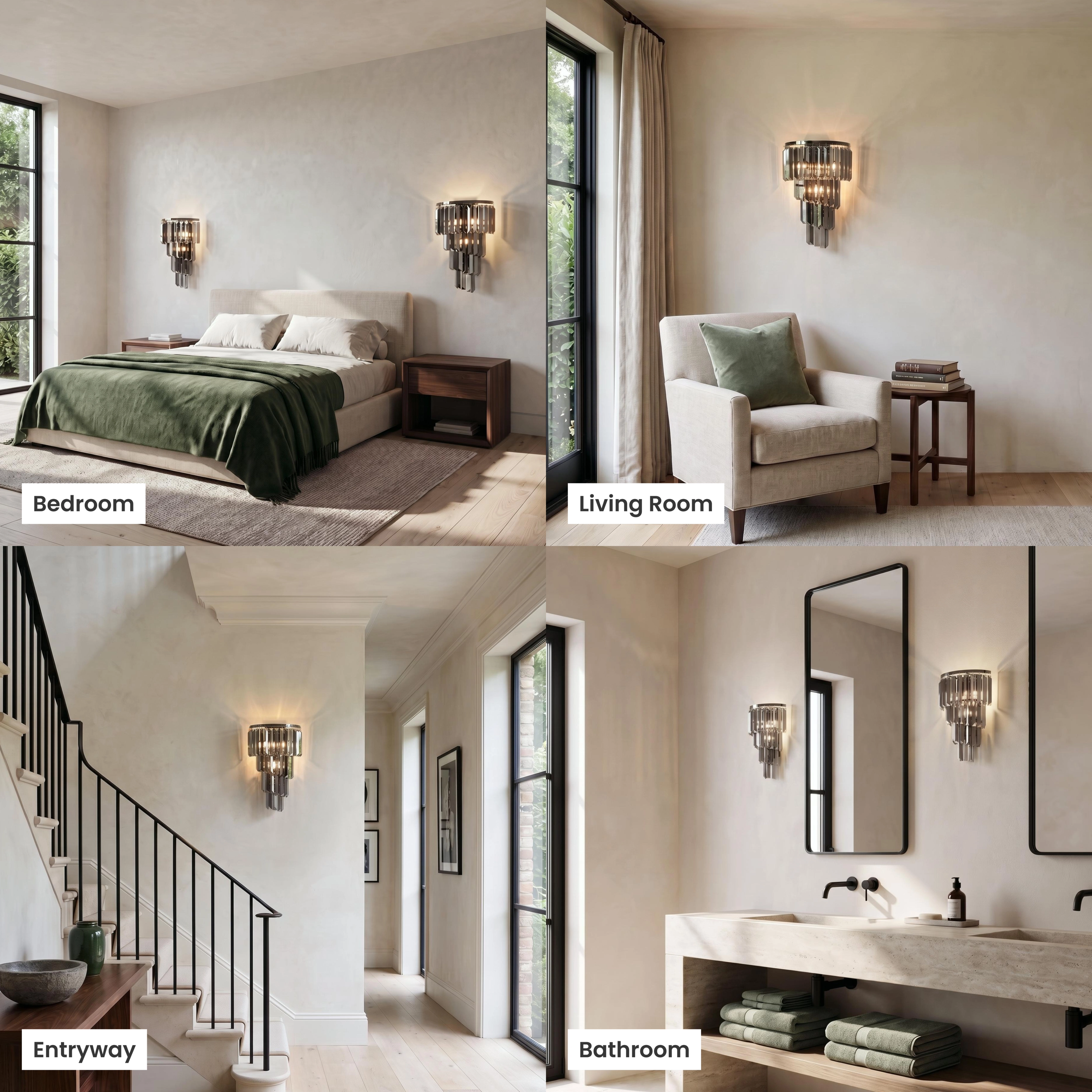 Umbra tiered crystal sconce shown in living room, dining room, bedroom and commercial settings