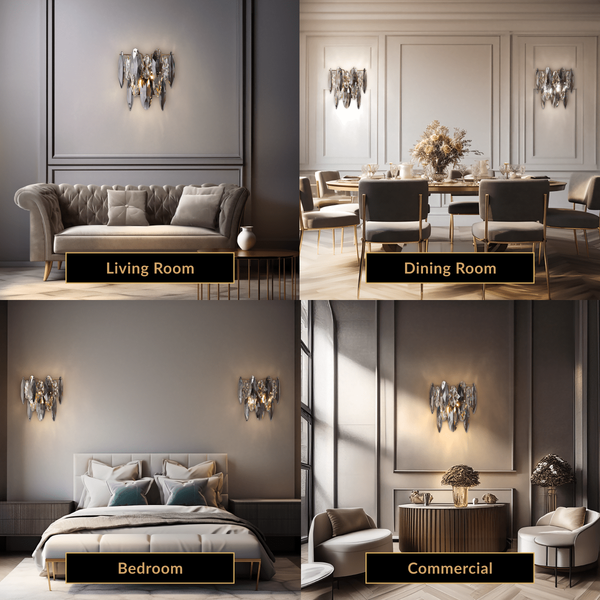 Celestial wall sconce, gold backplate with tiered crystal drops, shown in living room, dining, bedroom and commercial setting