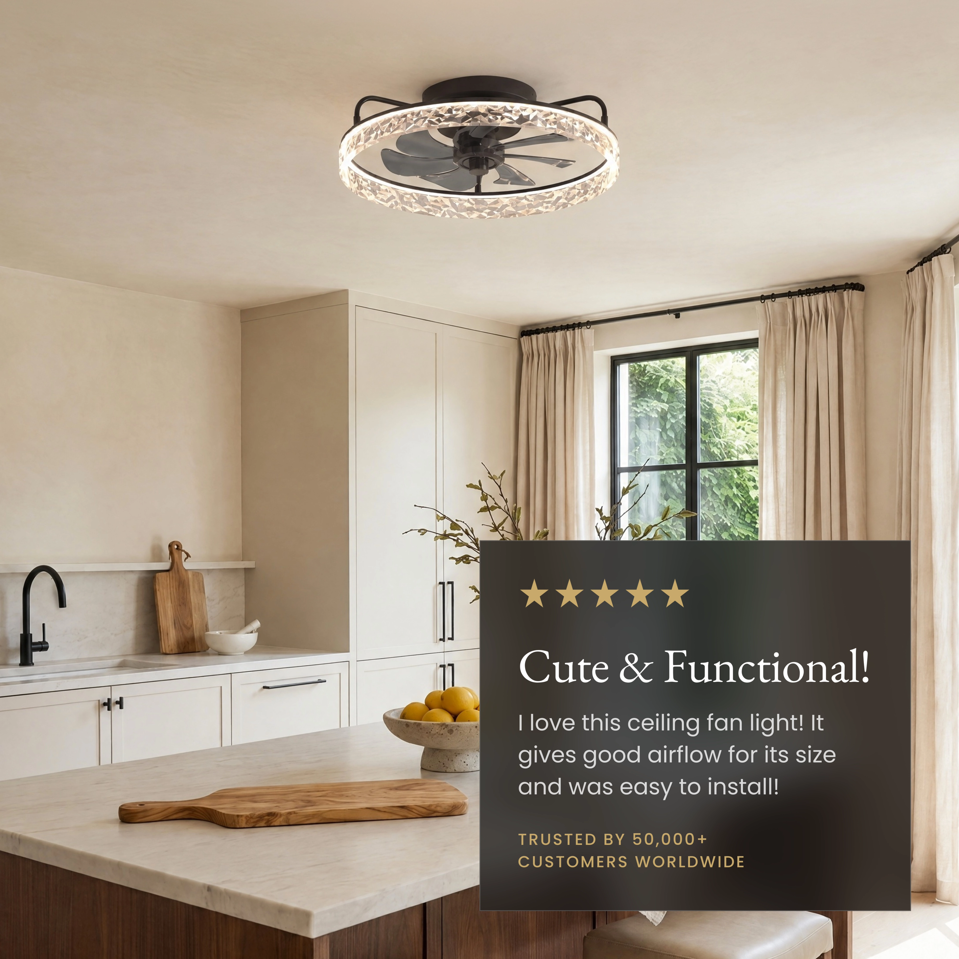 Ventara crystal-ring ceiling fan light in a dining room, noting reversible air circulation for year-round use