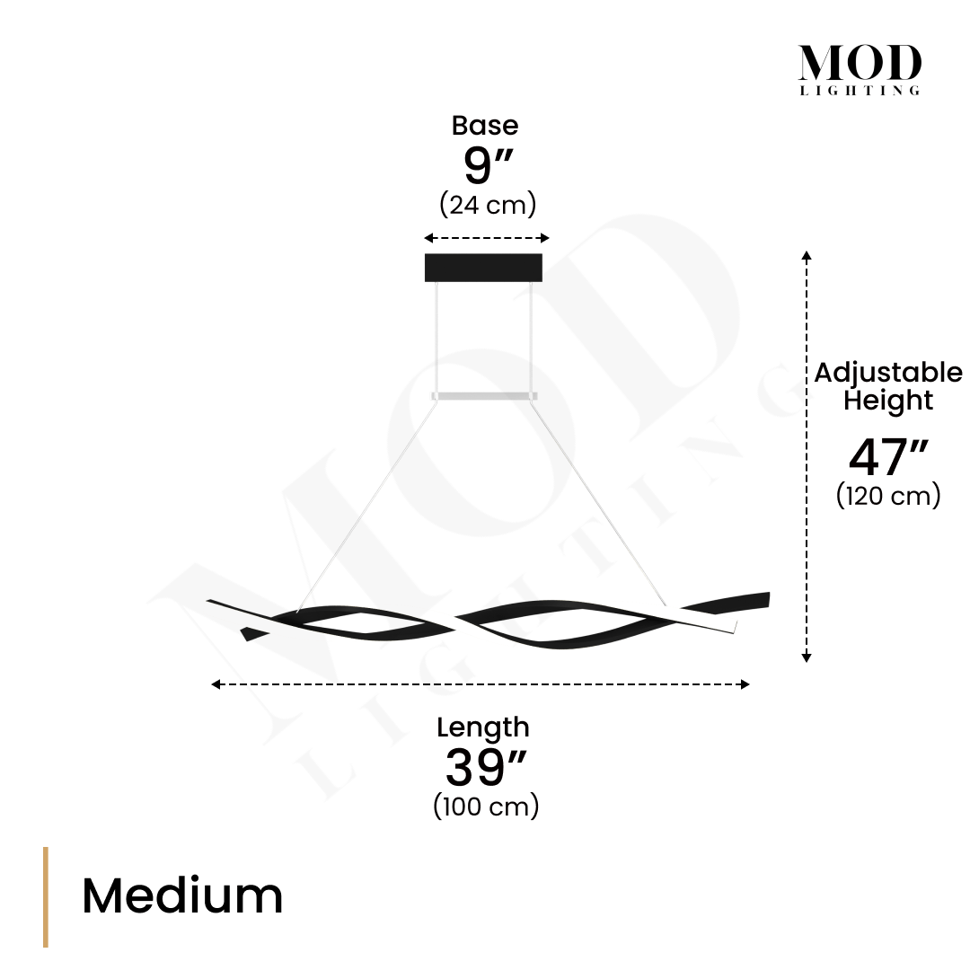 Wavey medium wave-form pendant diagram: 39 in long, 9 in base, 47 in adjustable height