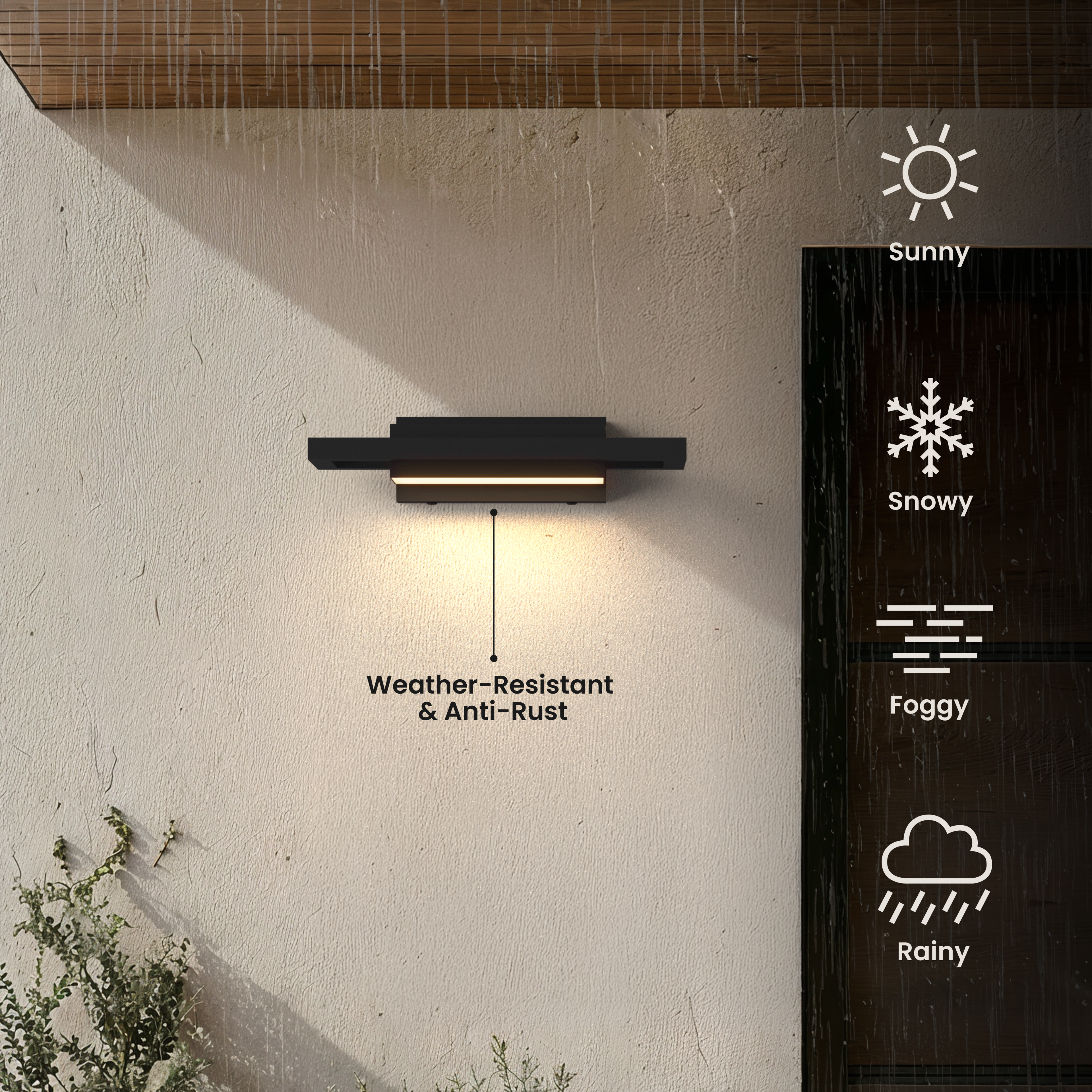 Brooklyn Smart black stainless outdoor sconce in the rain, marked weather-resistant and anti-rust for all seasons