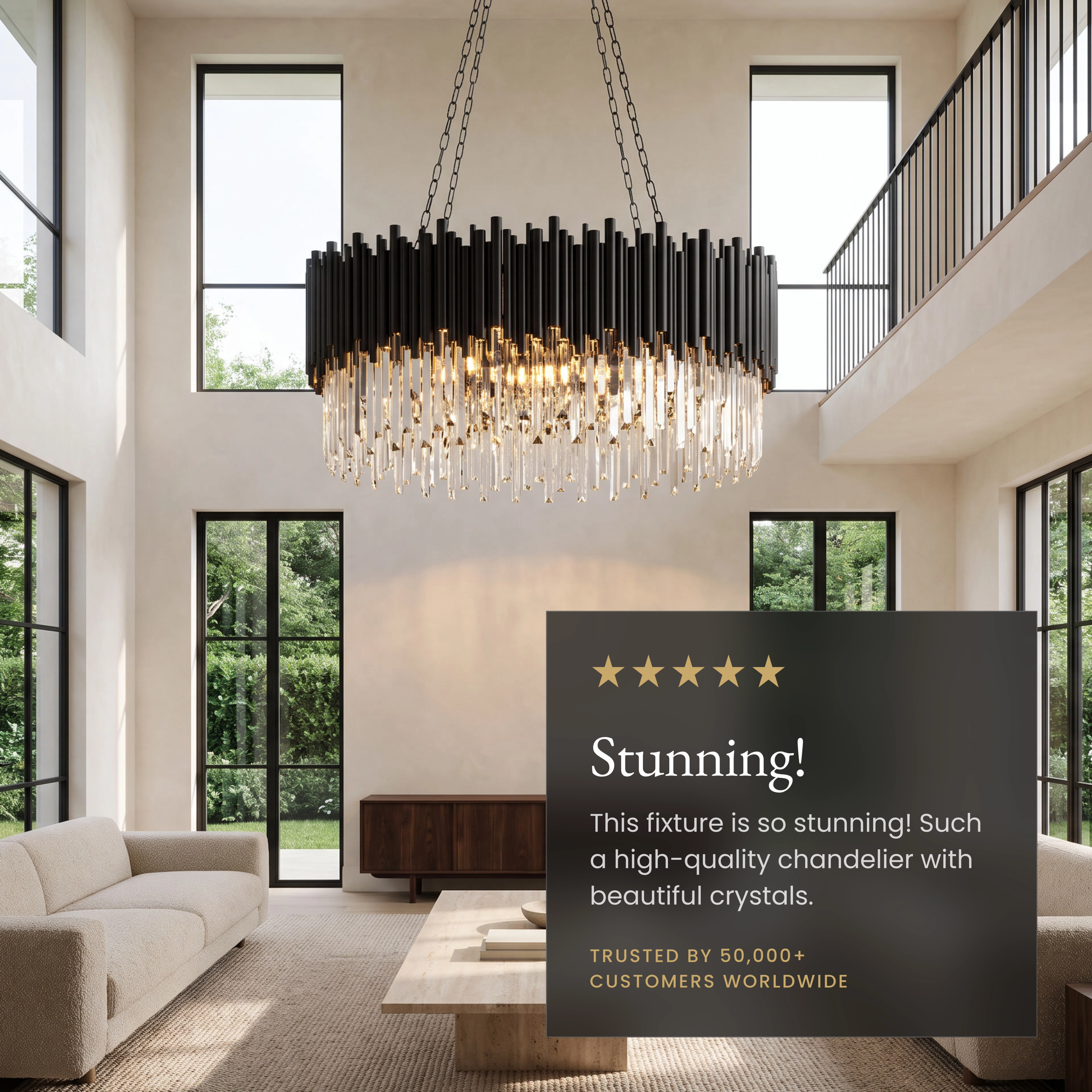 Obsidian crystal chandelier, black tubular drum with cascading crystals, against a marble wall