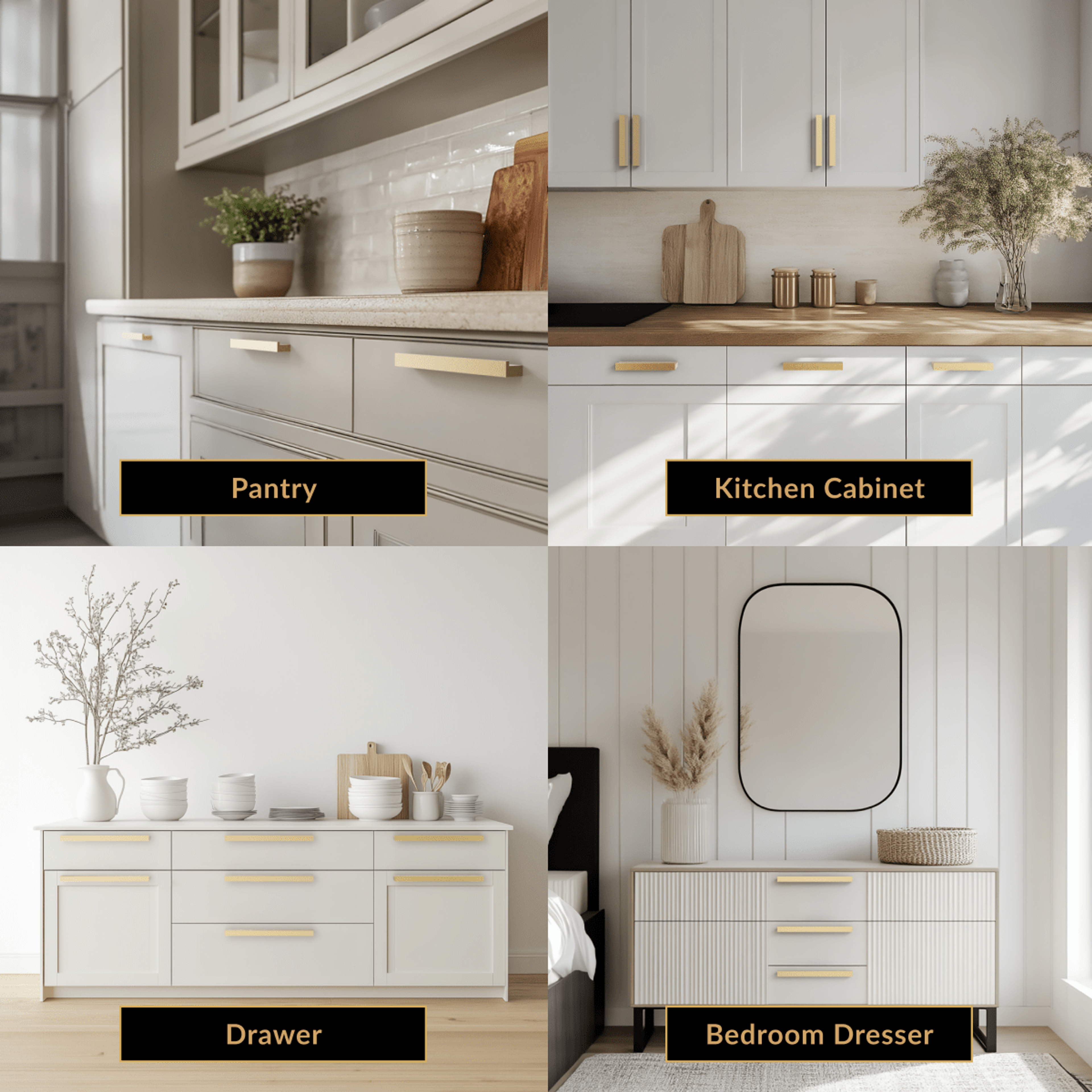 Innis brushed-gold cabinet pull shown installed on white pantry, kitchen, drawer and dresser cabinetry in four scenes