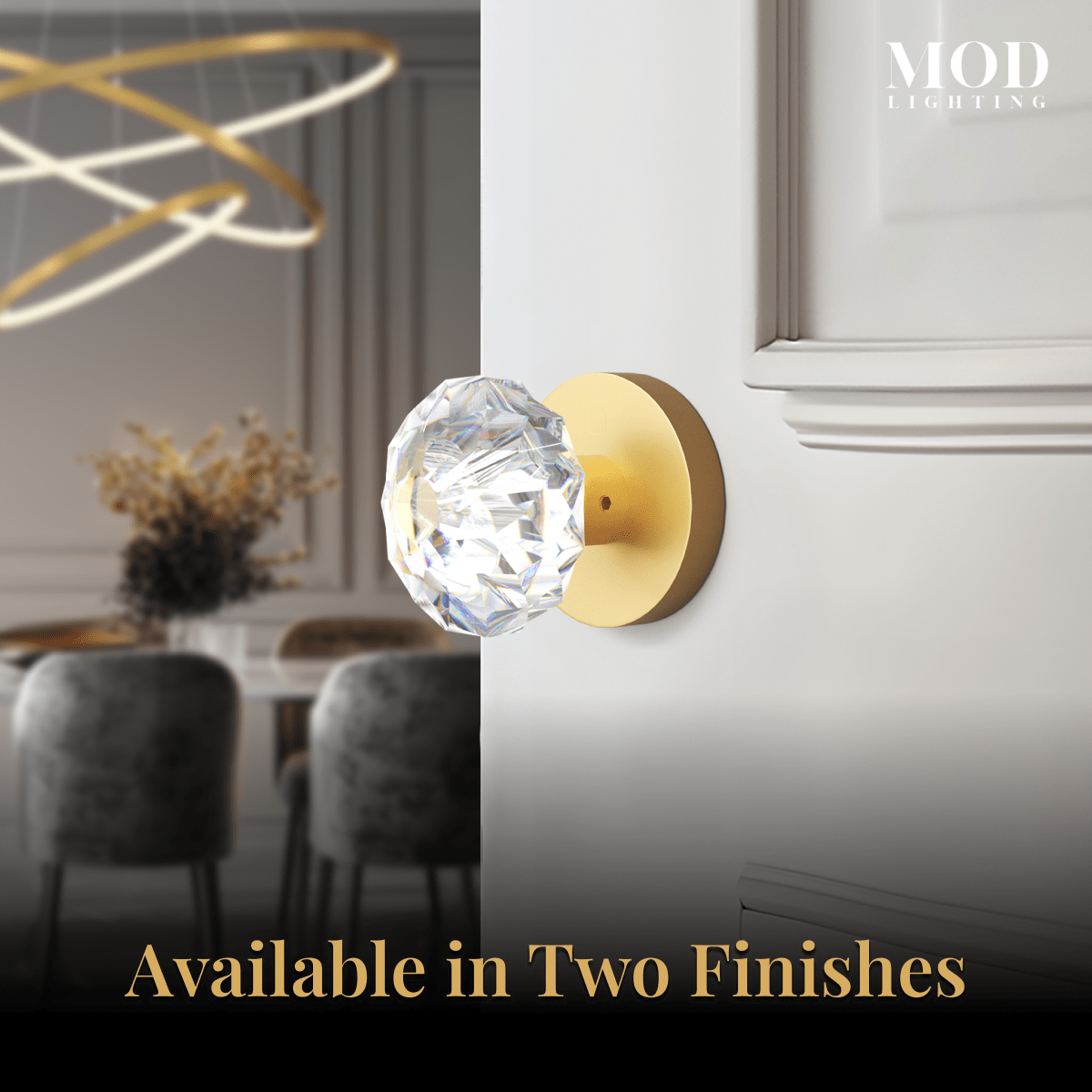 Regency crystal ball door knob on a brushed-gold round rosette, shown against a white panel door