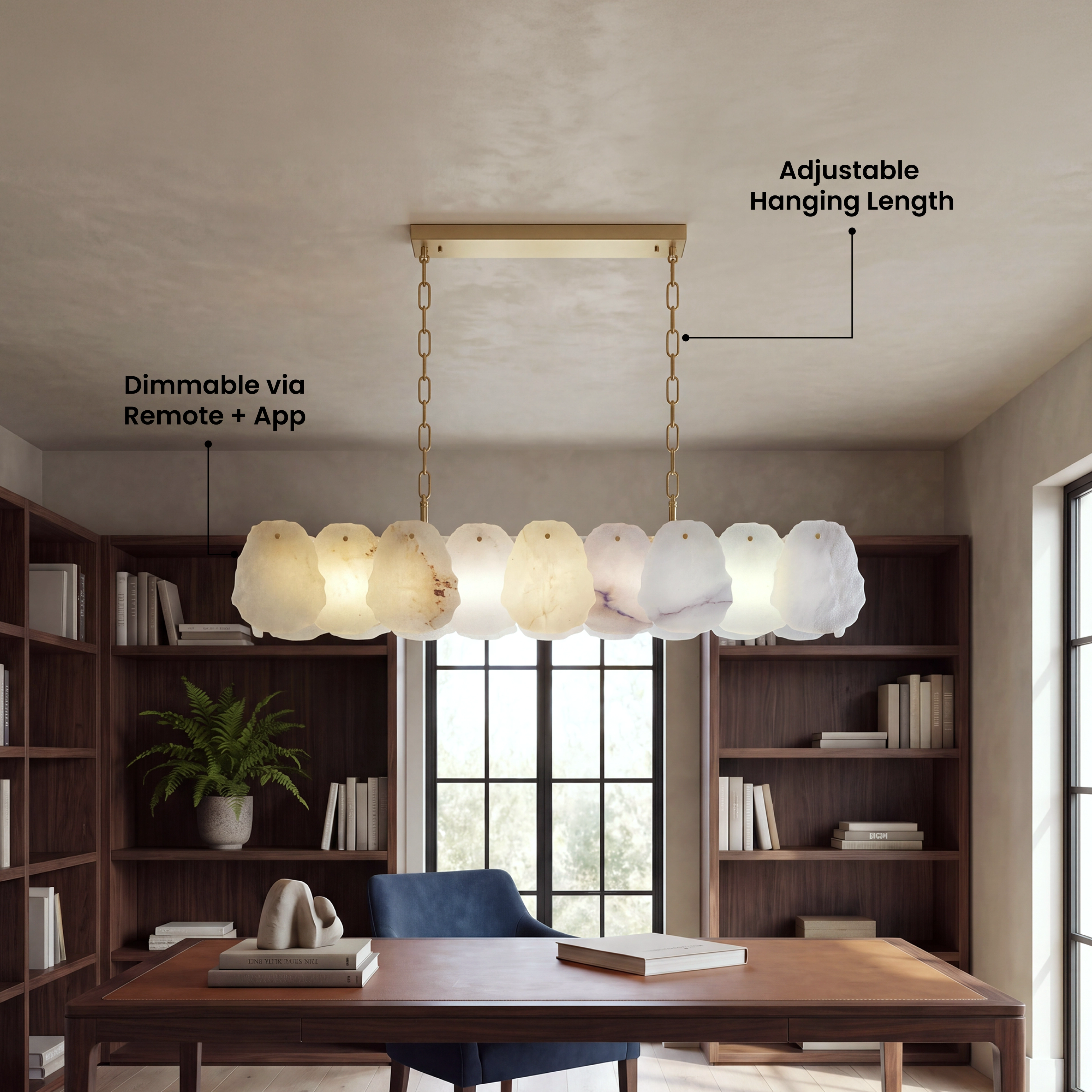Alba Pendant Smart linear alabaster pendant over a desk, labeled adjustable hanging length and dimmable via remote and app