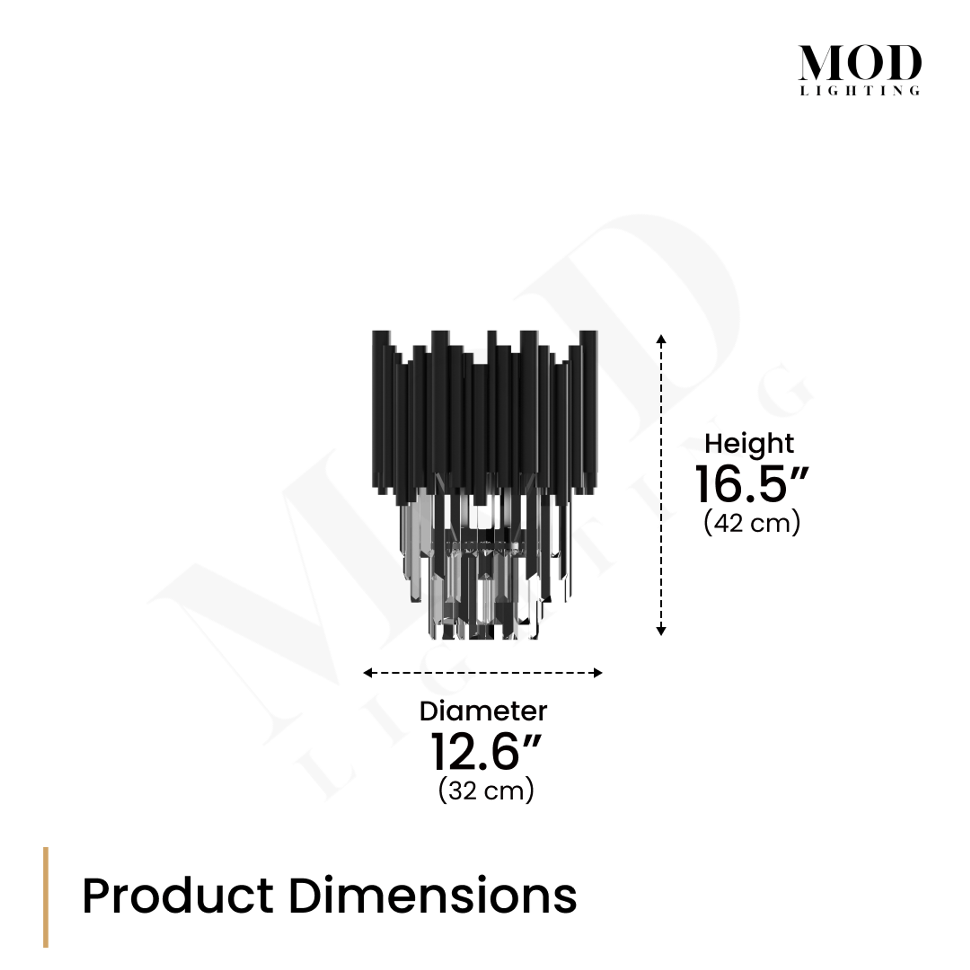 Obsidian sconce dimension diagram: 16.5" (42 cm) height, 12.6" (32 cm) diameter