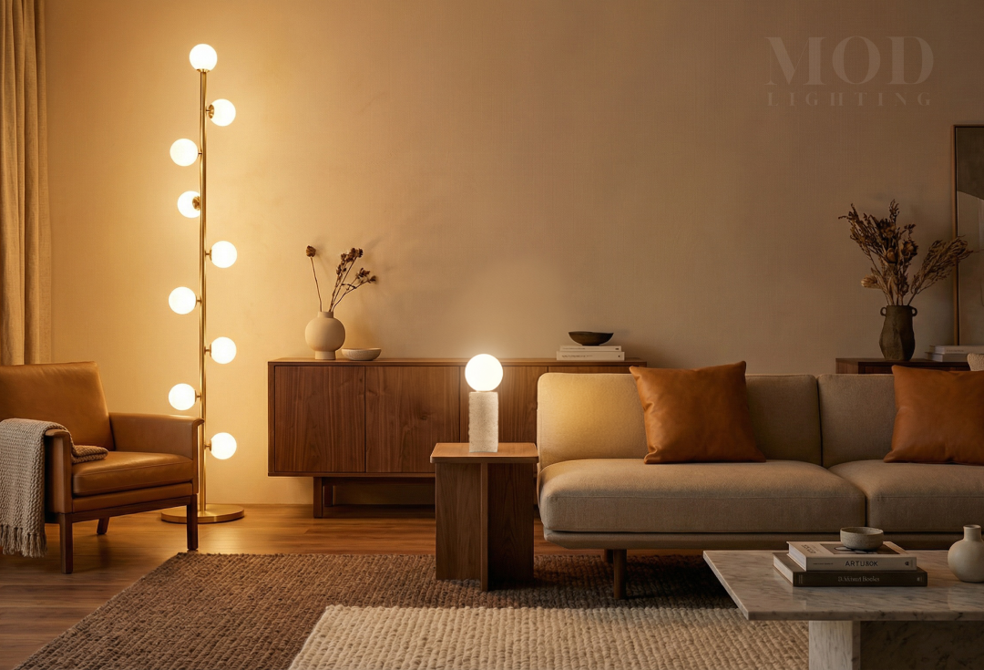 Pearl floor lamp and Arabella table lamp in warm evening glow