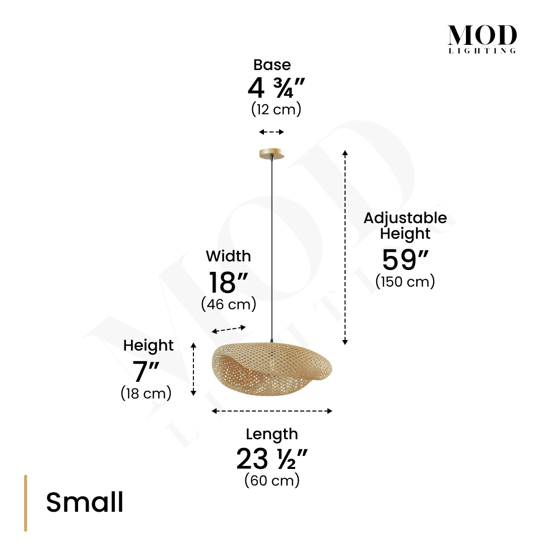 Liora bamboo pendant dimensions, Medium: 9.5in height, 23.5in width, 31.5in length, 59in adjustable drop
