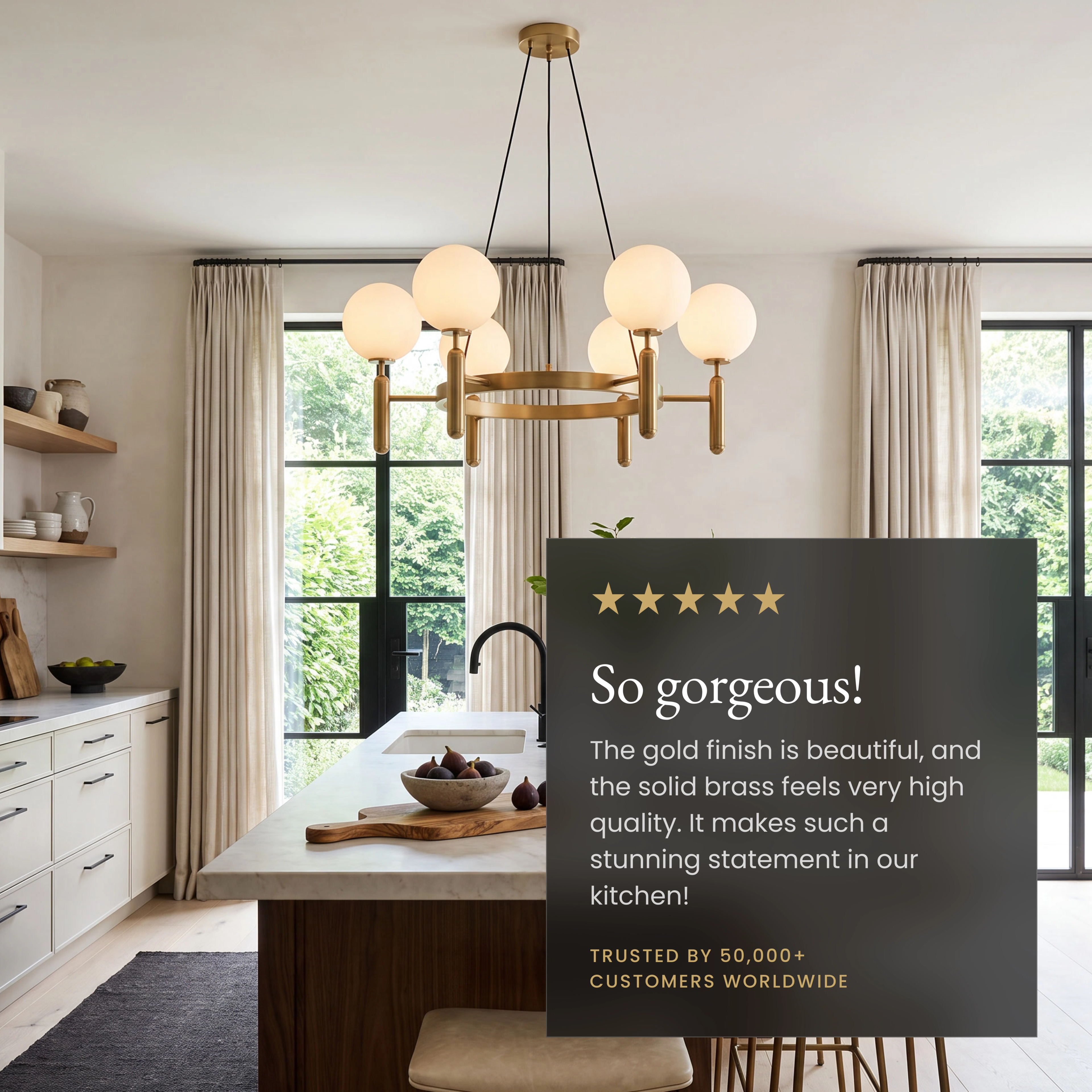 Angelica brass chandelier with six white opal globes on a tiered frame above a bedroom bed