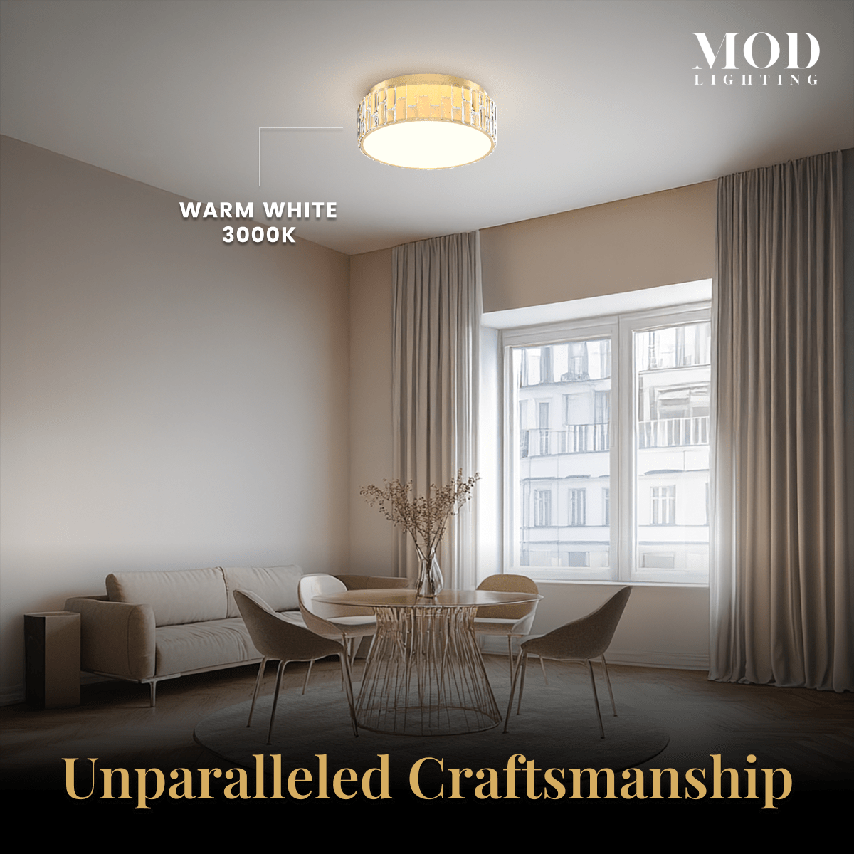 Elara brushed-gold crystal drum flush-mount ceiling light over a dining nook, warm white 3000K