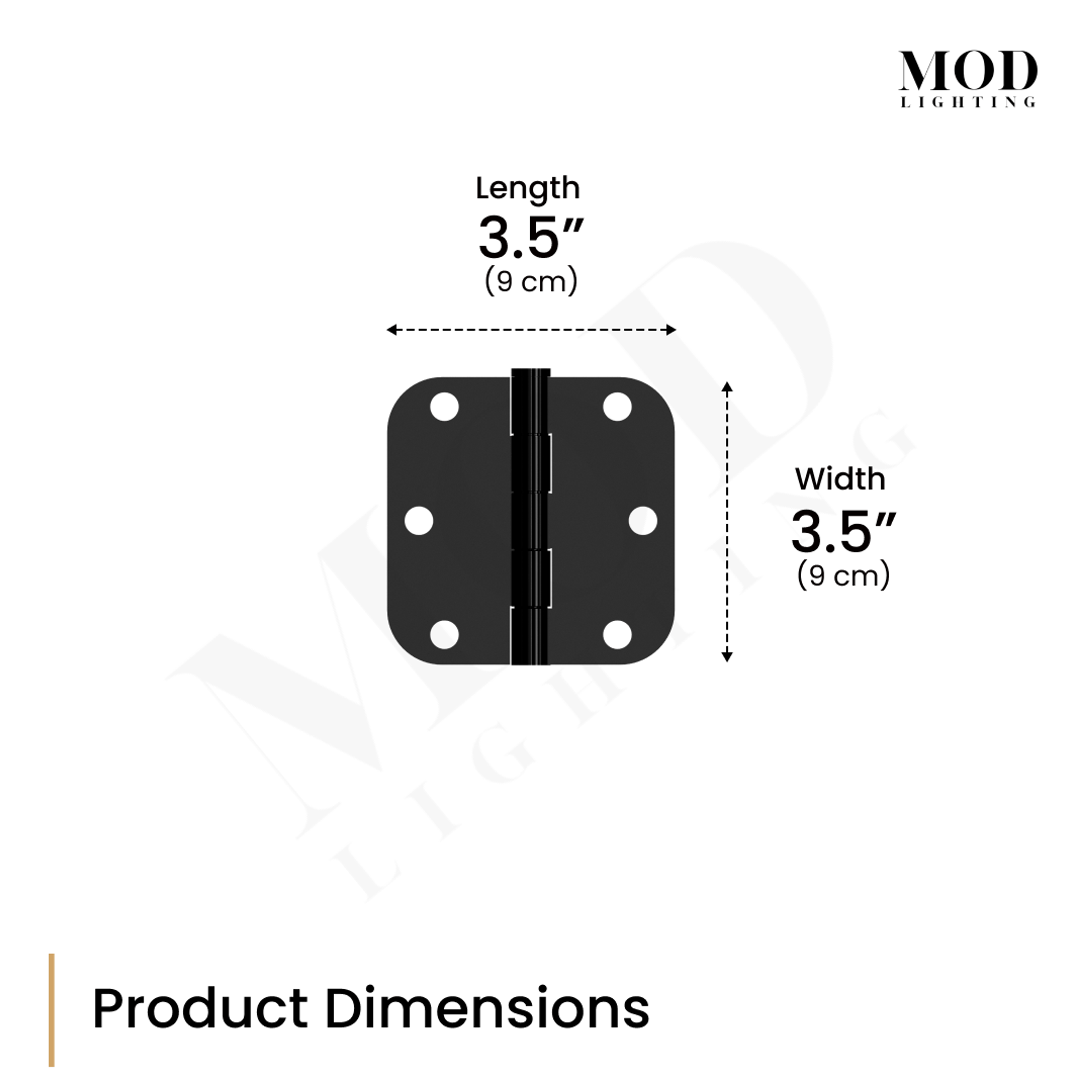 Modern Door Hinge dimension diagram: 3.5" length by 3.5" width, matte black