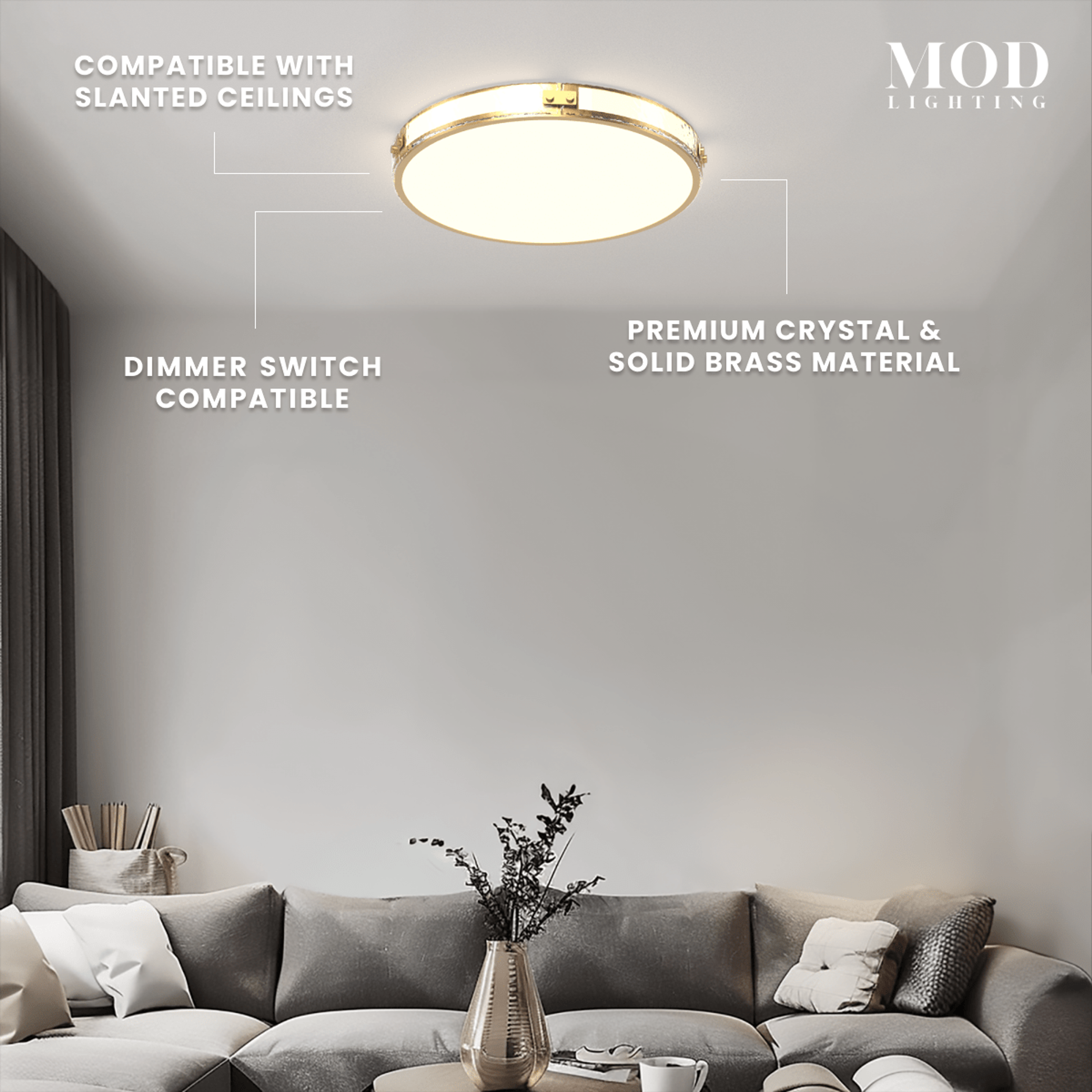 Orielle brushed-gold crystal flush-mount on ceiling above a sofa, labeled slant-ceiling ready and dimmable