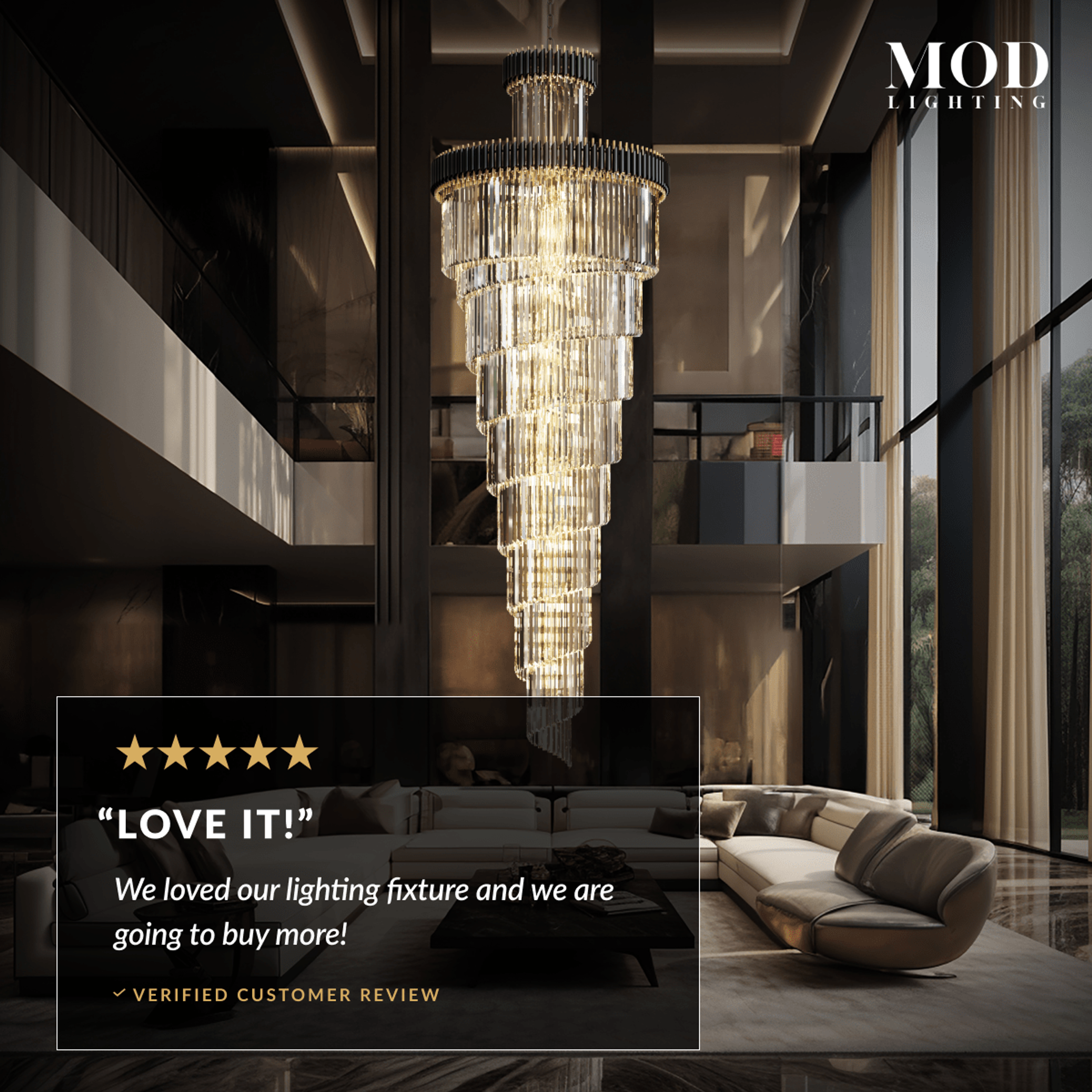 Onyx tall spiral crystal chandelier in a two-story living room, with a five-star customer review
