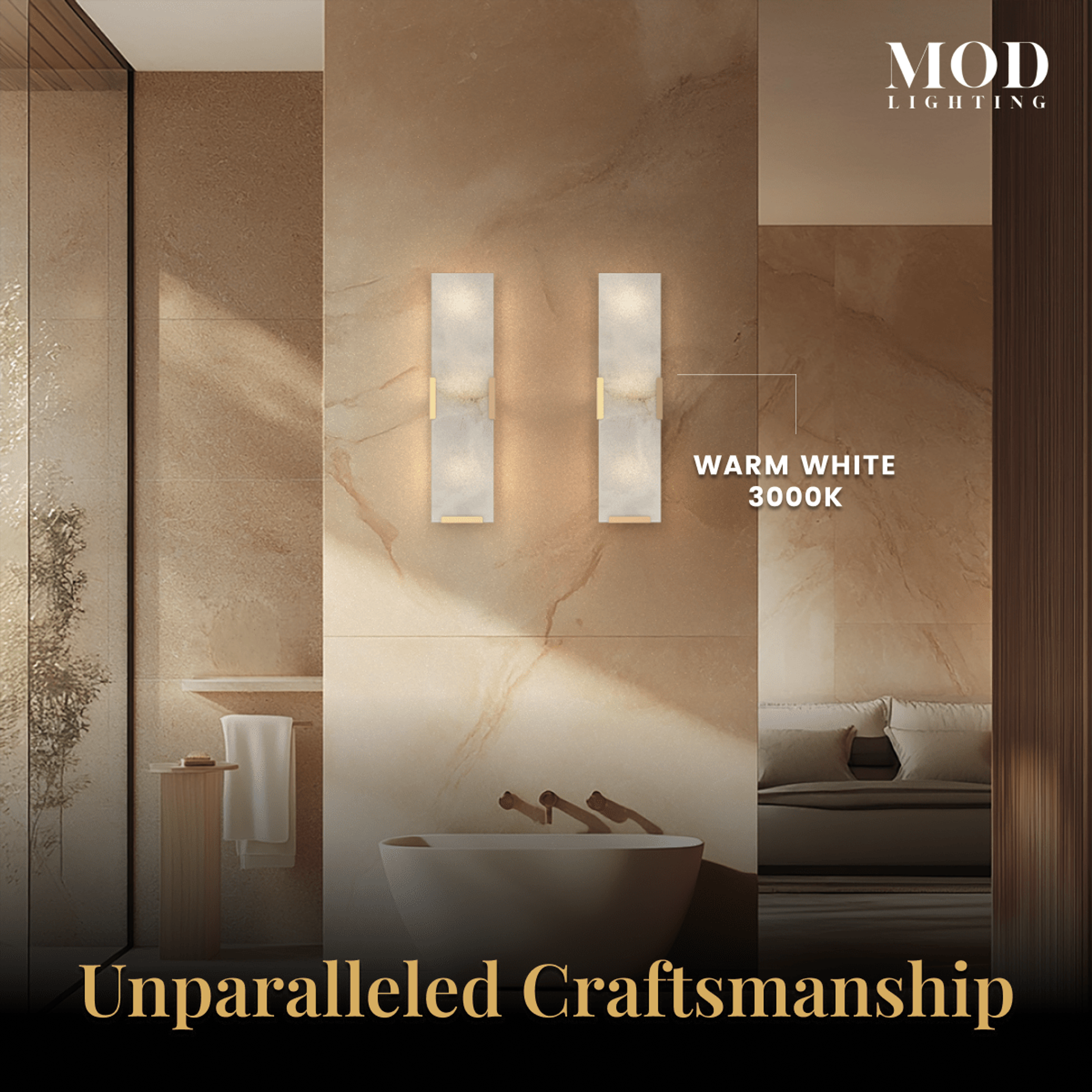 Rhea faceted alabaster wall sconce glowing warm white on a stone bathroom wall