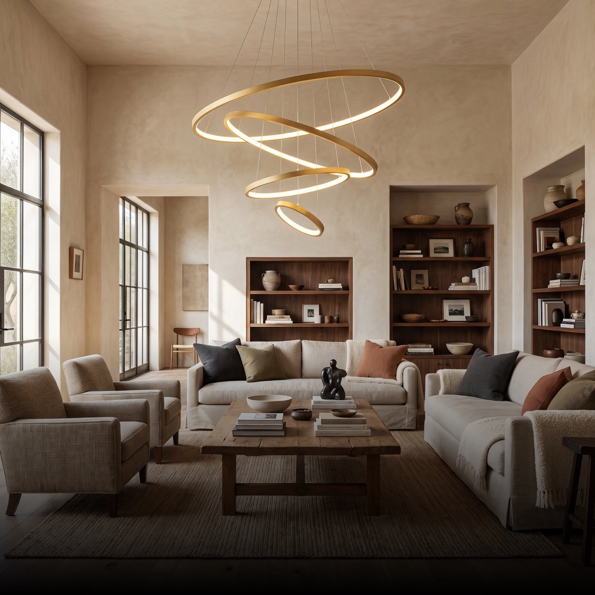 Sculptural ring chandelier above a living room
