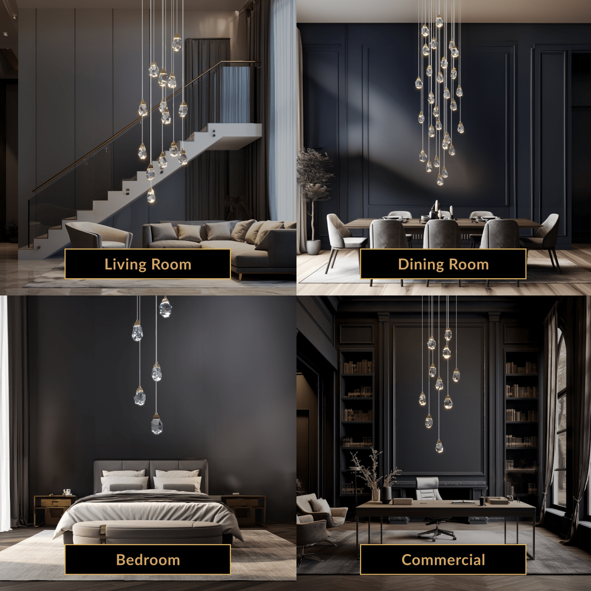 Hailstone crystal chandelier shown in living room, dining room, bedroom and commercial stairwell settings