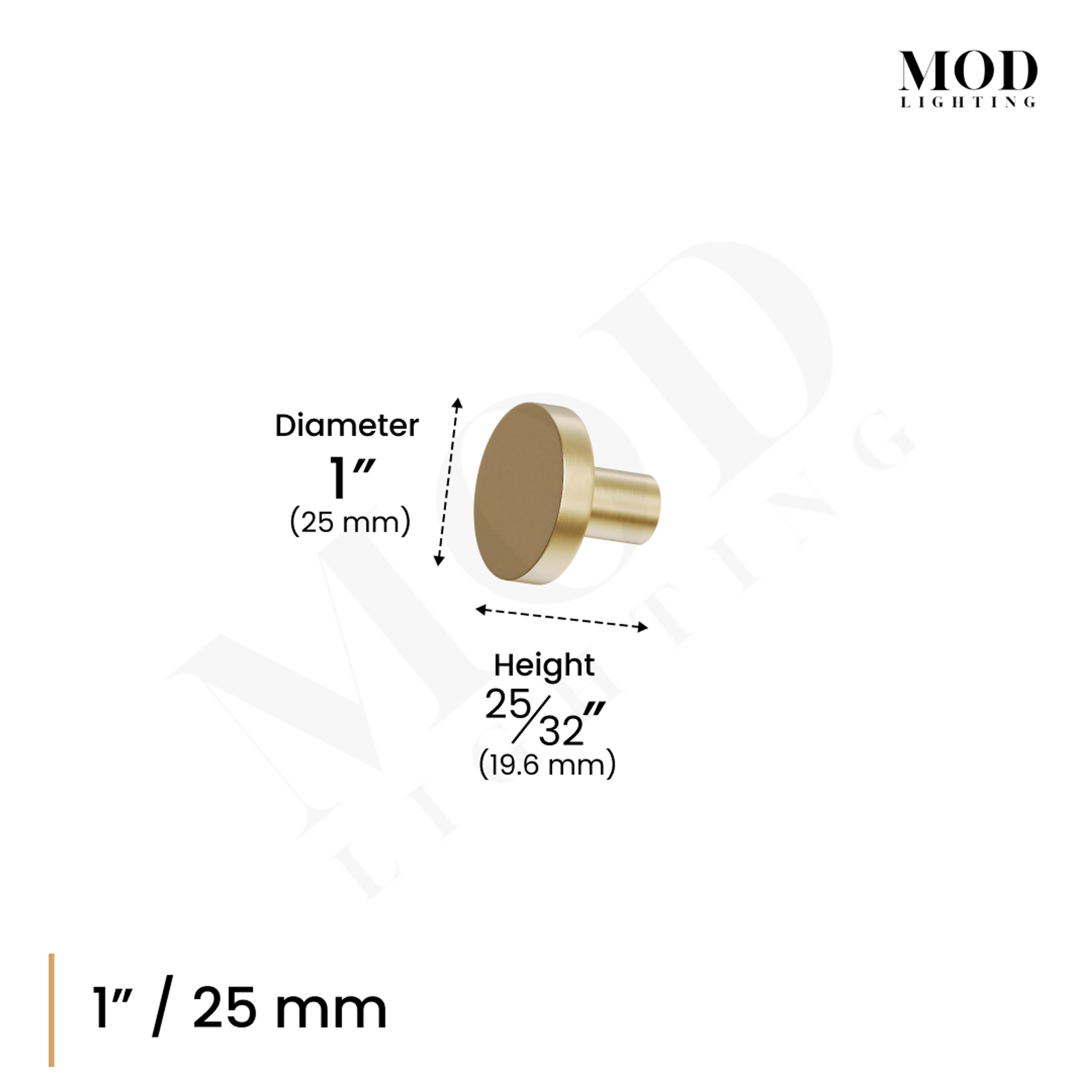 Balmuto brushed-gold flat round cabinet knob mounted on a white wood cabinet door