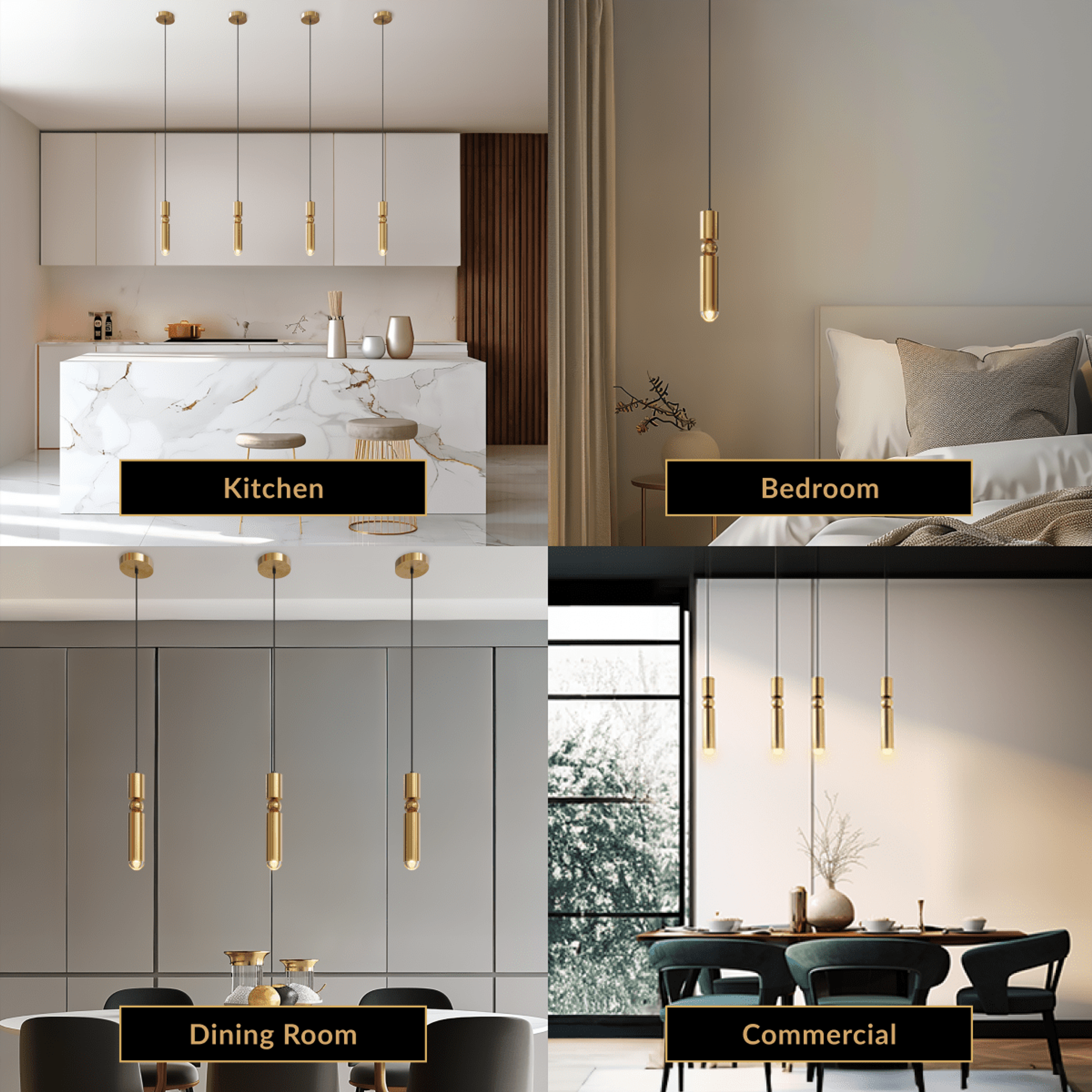 Jetta gold cylindrical pendants shown in kitchen, bedroom, dining room and commercial settings