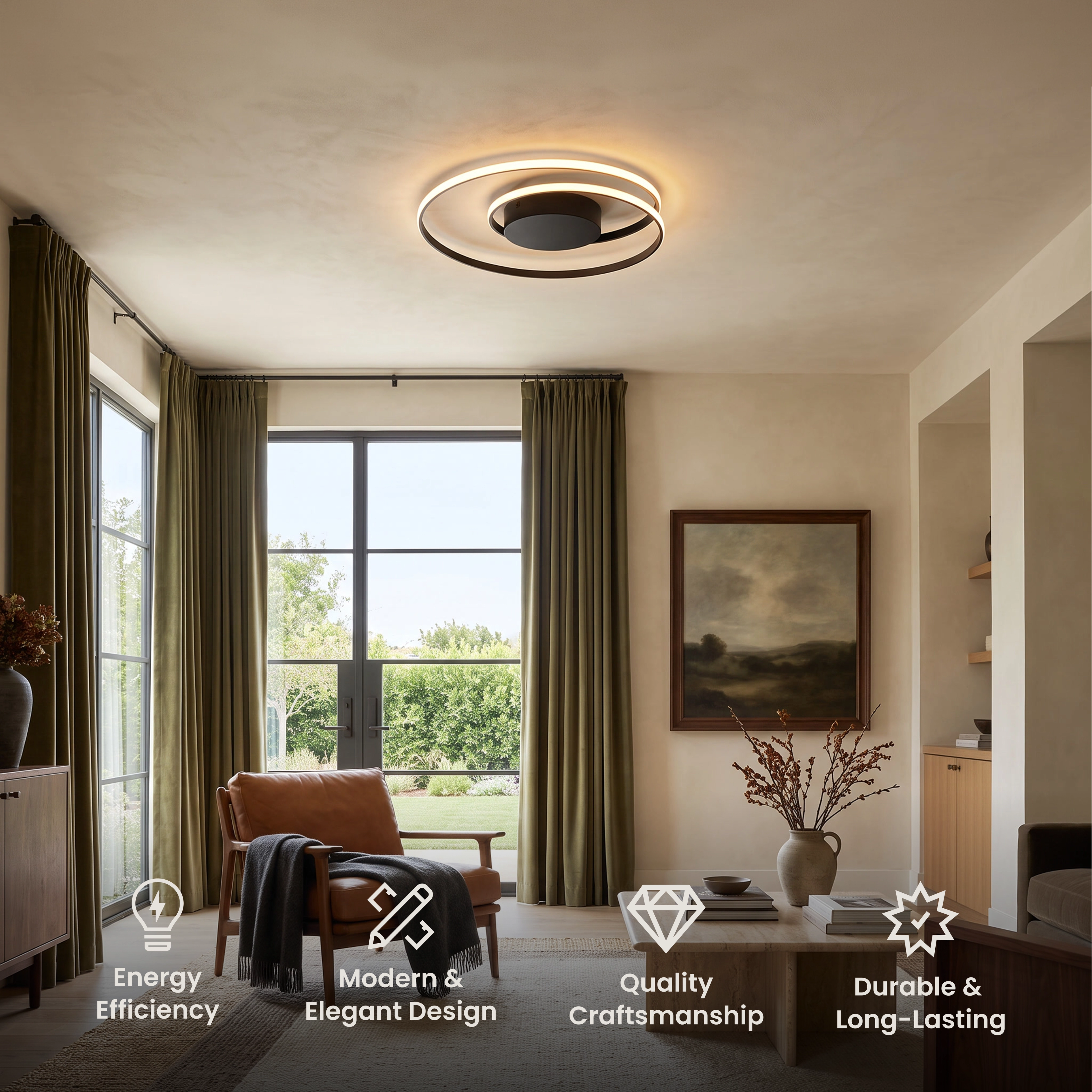 Spiral black LED ceiling light, an interlocking looped ring