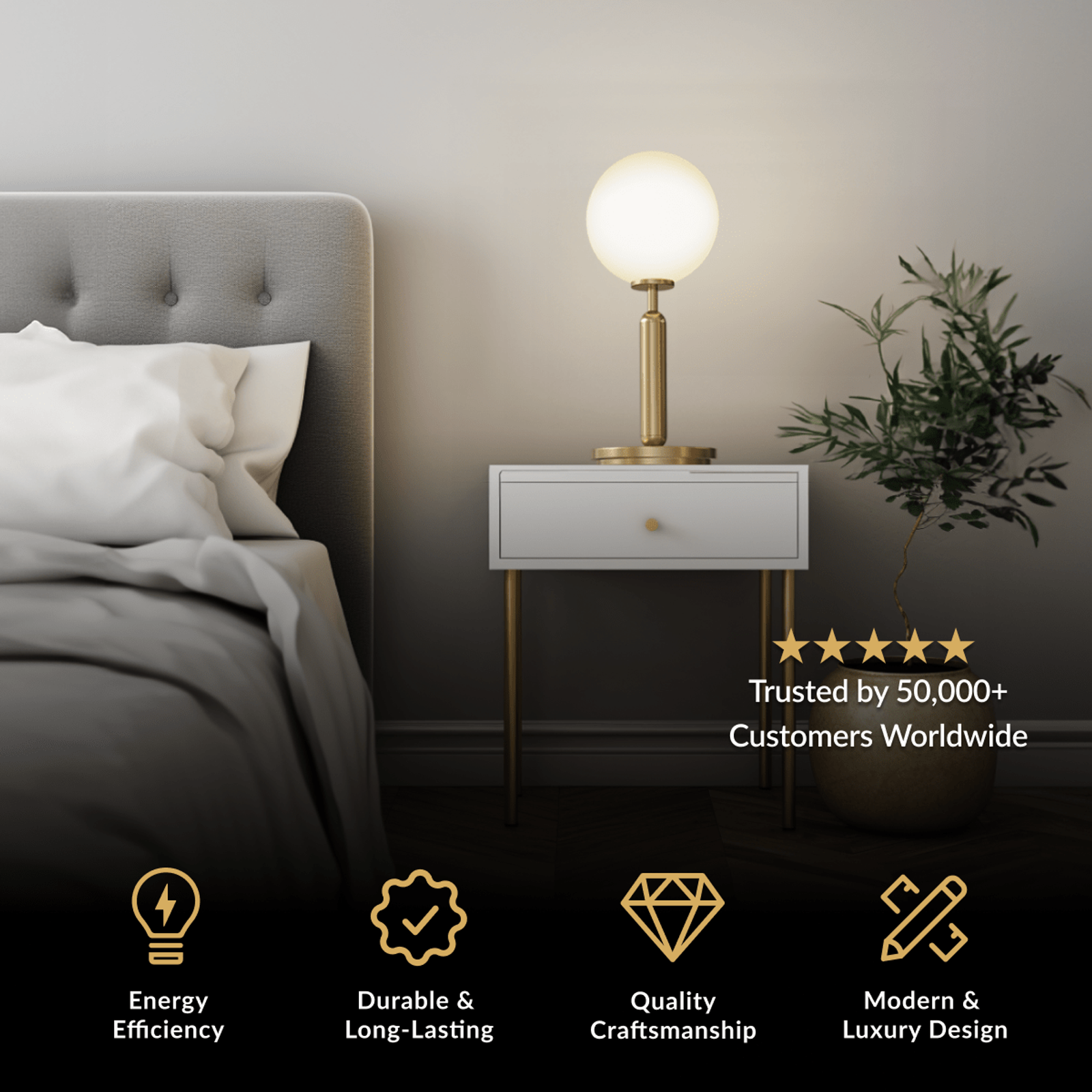 Angelica Table Lamp brushed-gold base with white glass globe on a nightstand beside a bed