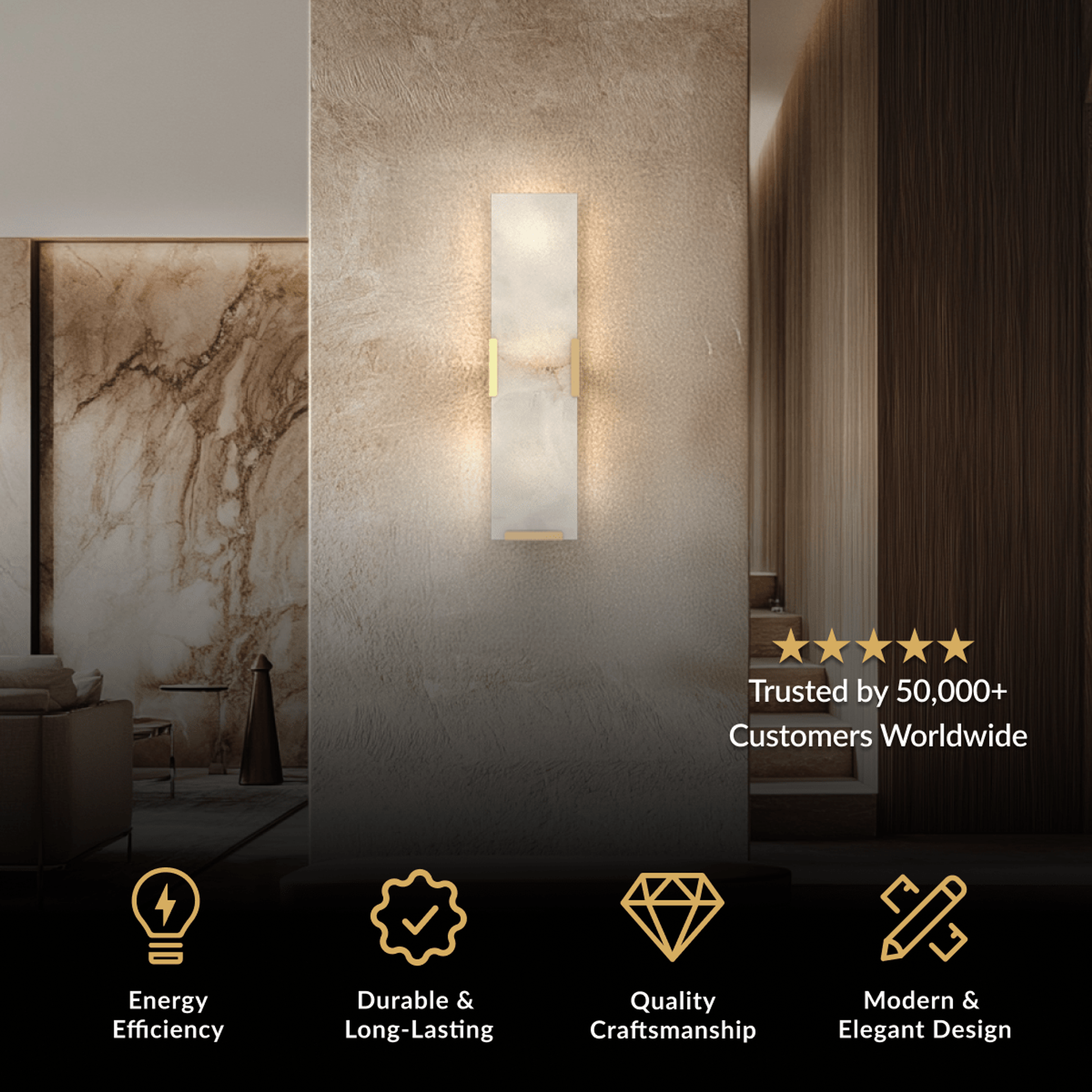 Rhea Wall Sconce, slim vertical alabaster shade on a brushed gold backplate against a stone wall