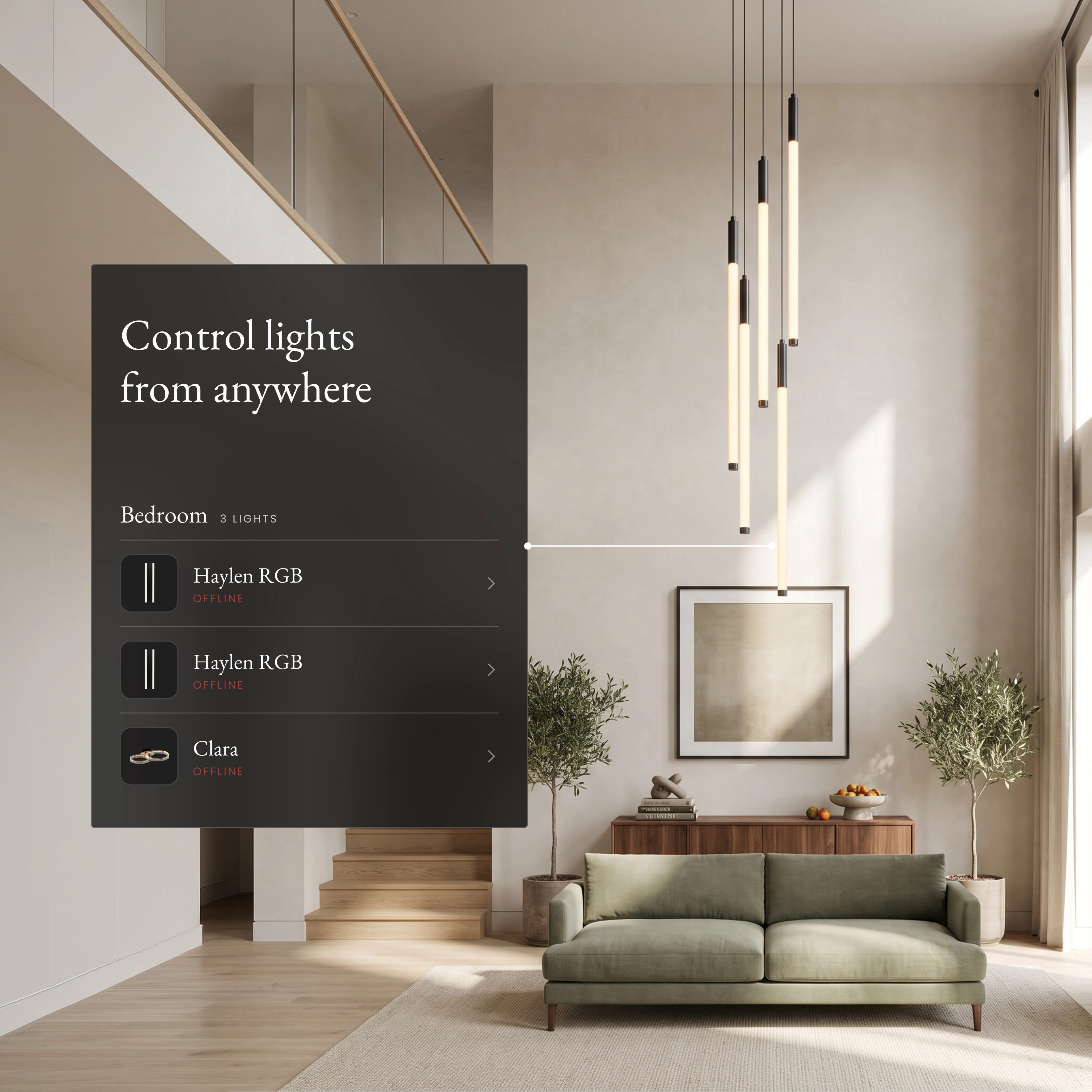 Kasper Smart chandelier in a living room with the app room list for control from anywhere