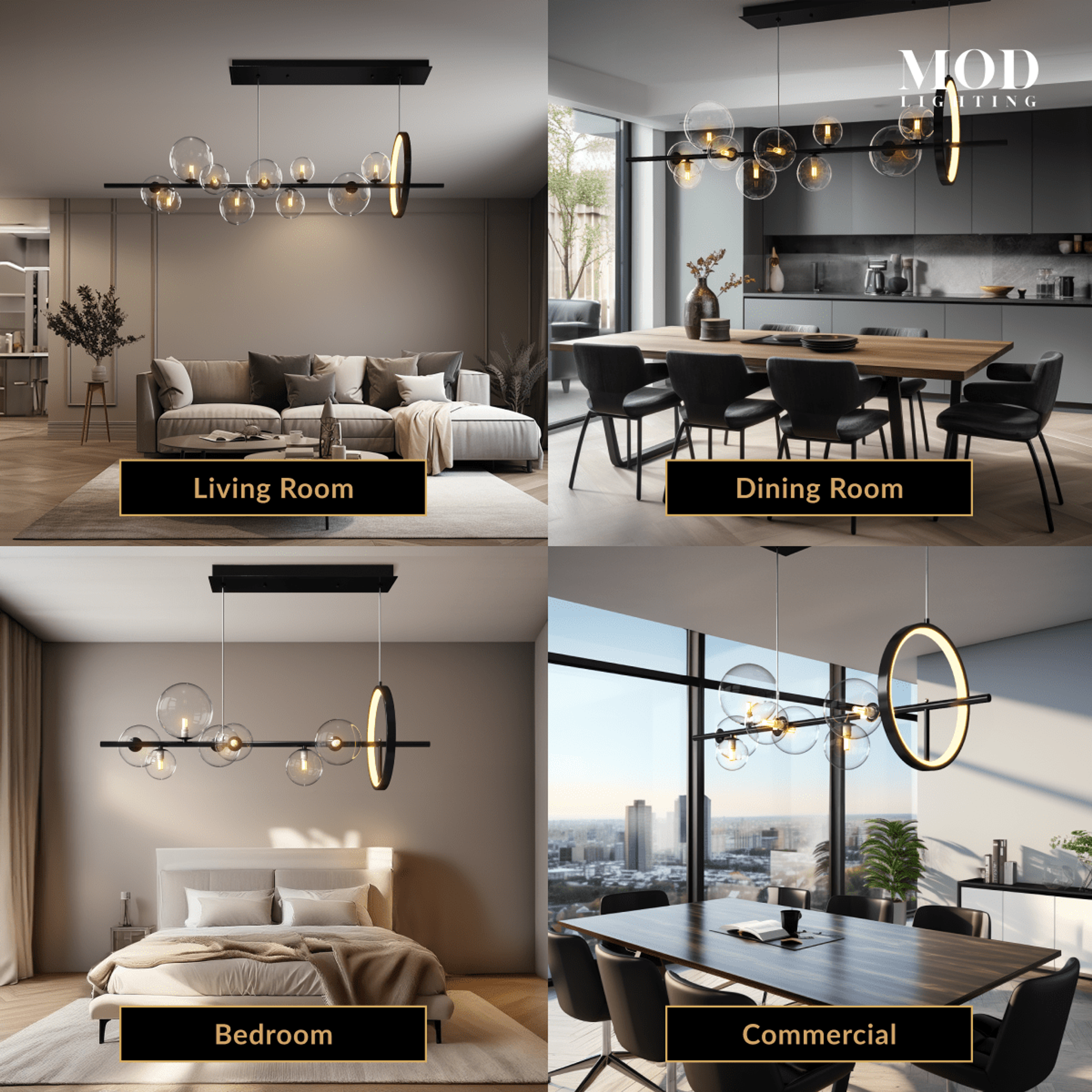 Bailey Scandinavian chandelier, black linear frame with clustered glass globes and brass accents over a dining table