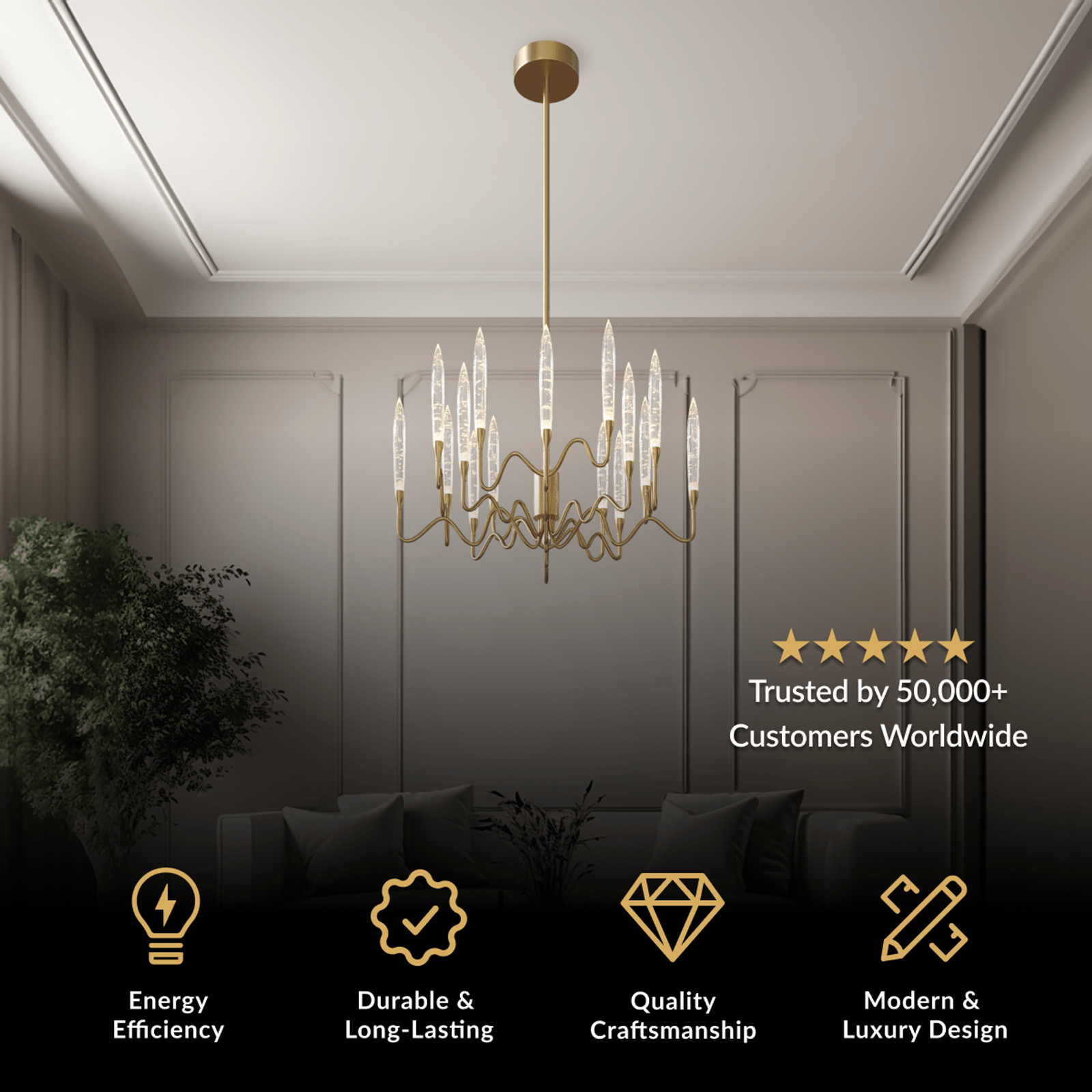Kanderella chandelier, brushed gold arms holding slim vertical crystal candle tubes, in a dim living room