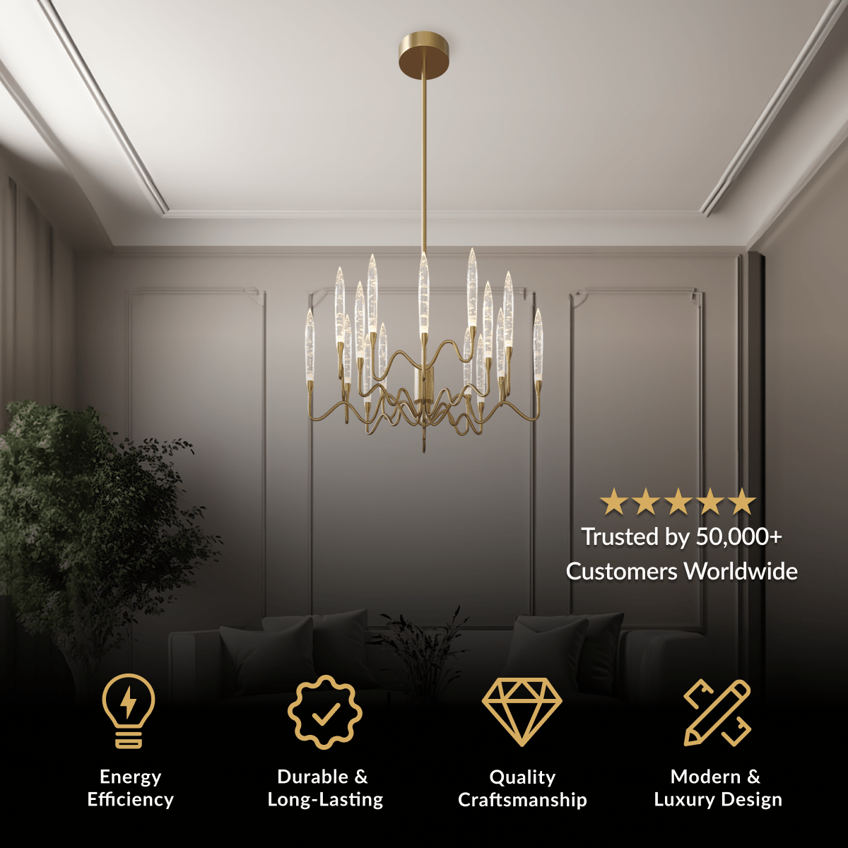 Kanderella chandelier, brushed gold arms holding slim vertical crystal candle tubes, in a dim living room