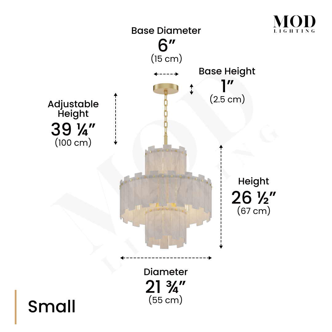 Velina chandelier dimension diagram, Small: 21 3/4in diameter, 26 1/2in tall, 39 1/4in adjustable height