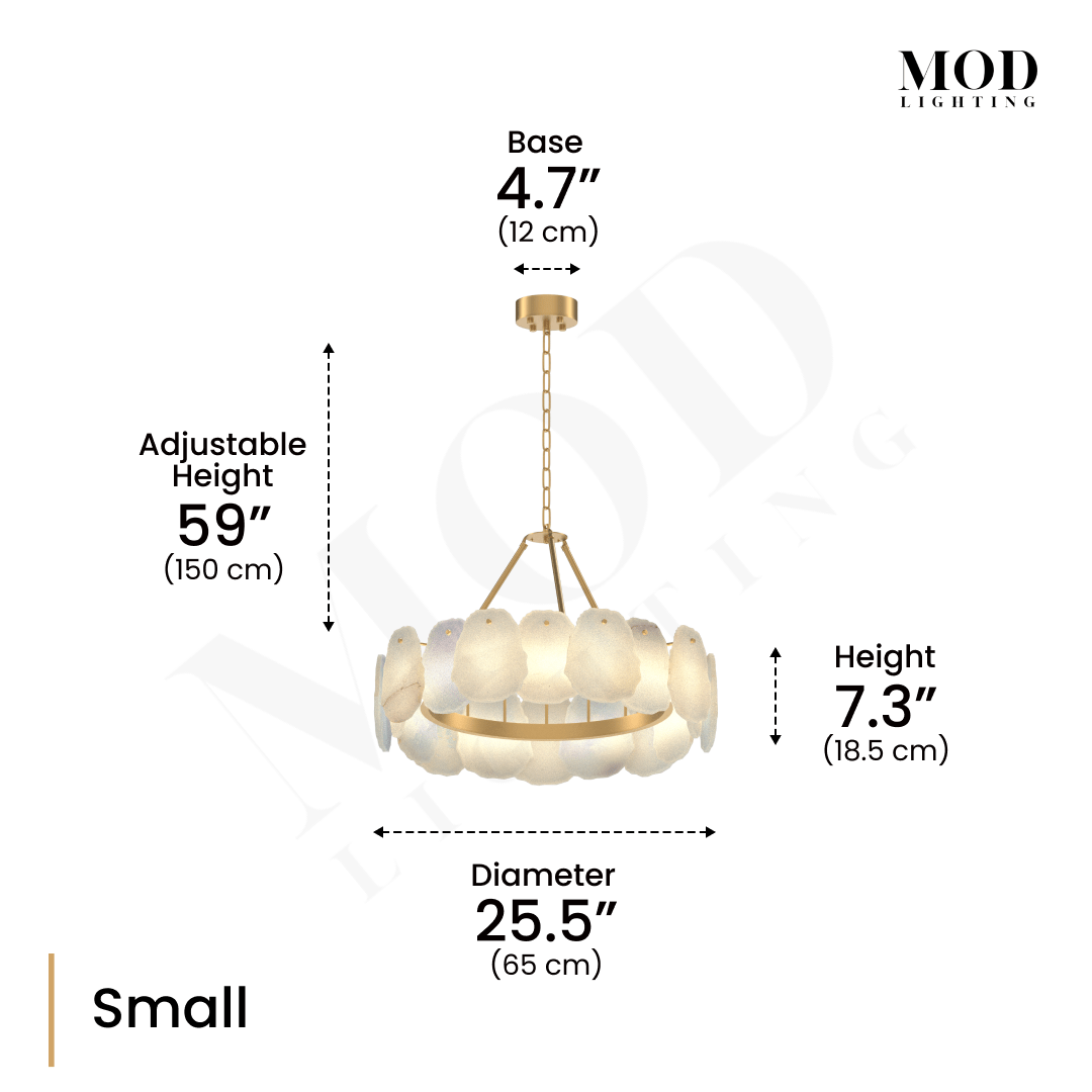 Alba chandelier dimension diagram, gold ring with alabaster petals, 25.5 inch diameter, 7.3 inch height, small