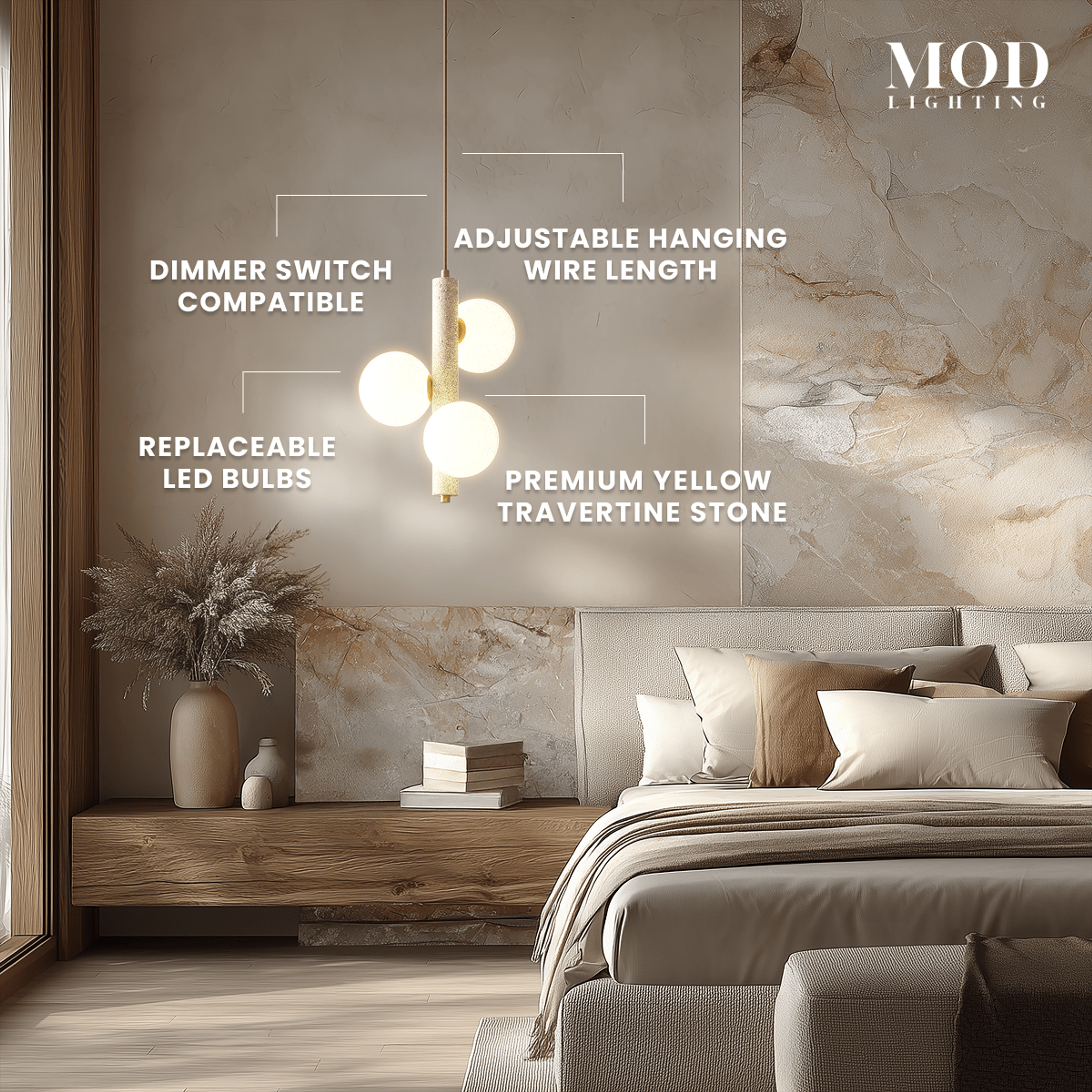 Arabella Pendant travertine stone light, brass rod with three opal-glass orbs by a bed, with feature callouts