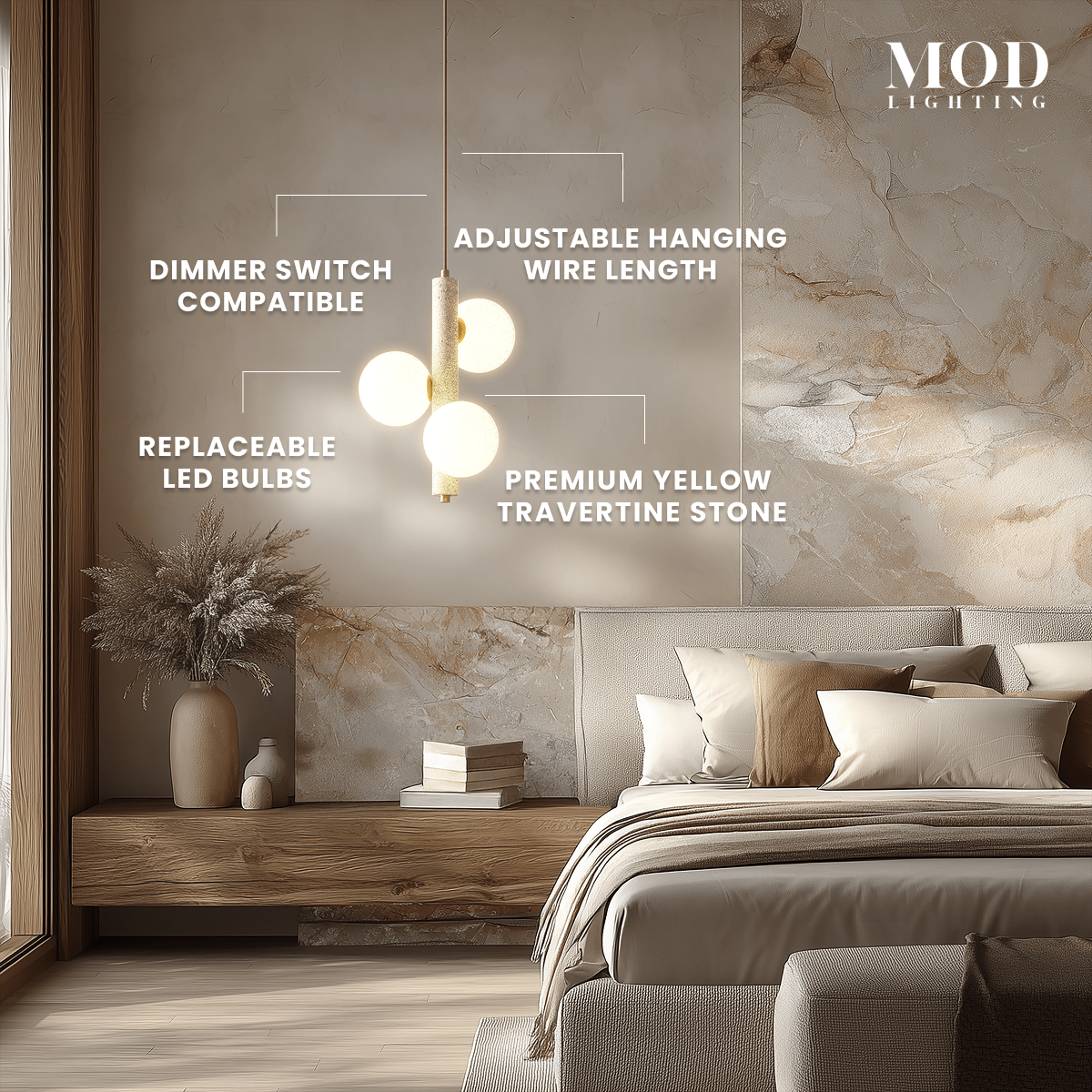 Arabella Pendant travertine stone light, brass rod with three opal-glass orbs by a bed, with feature callouts