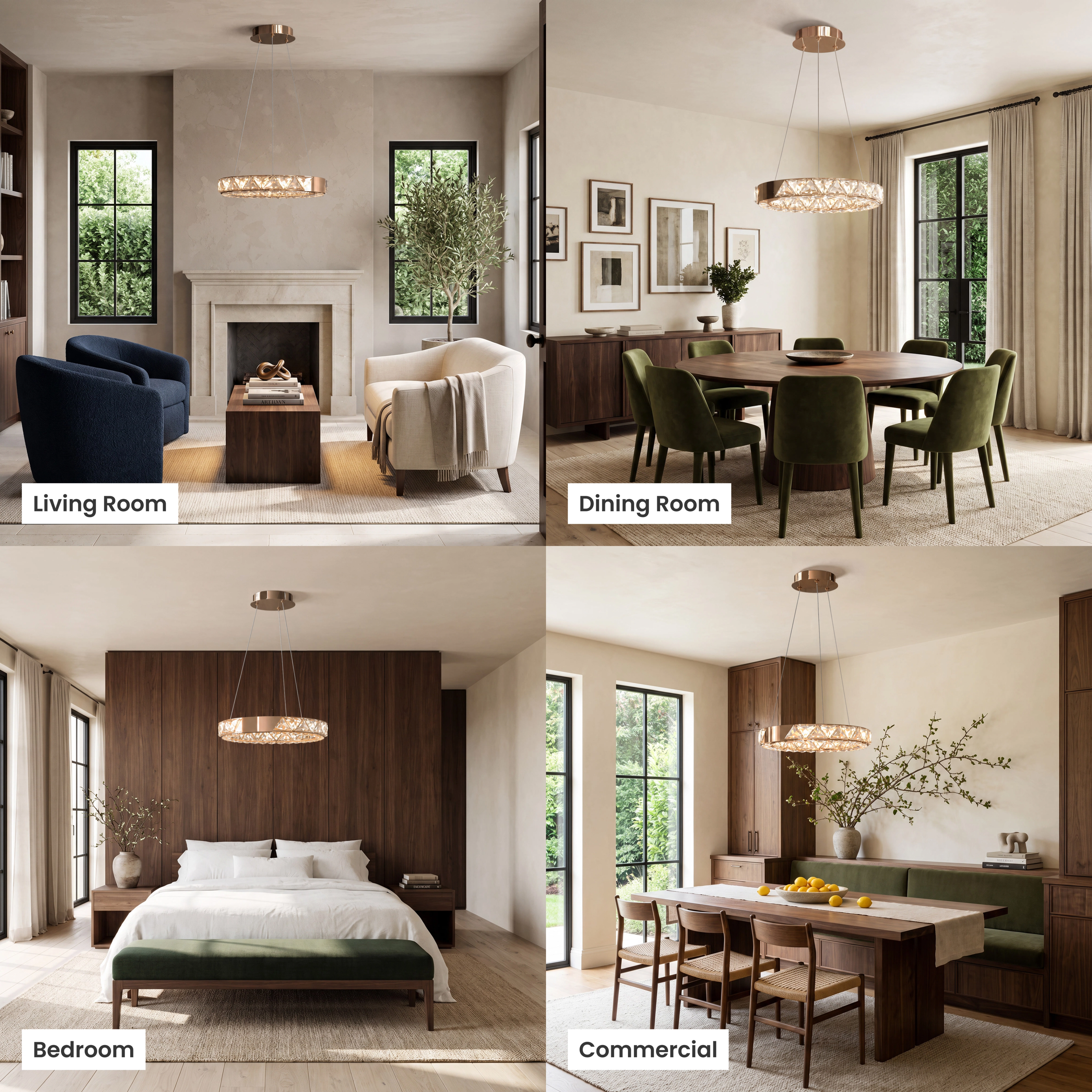 Jana Smart crystal ring chandelier shown in a living room, dining room, bedroom and office