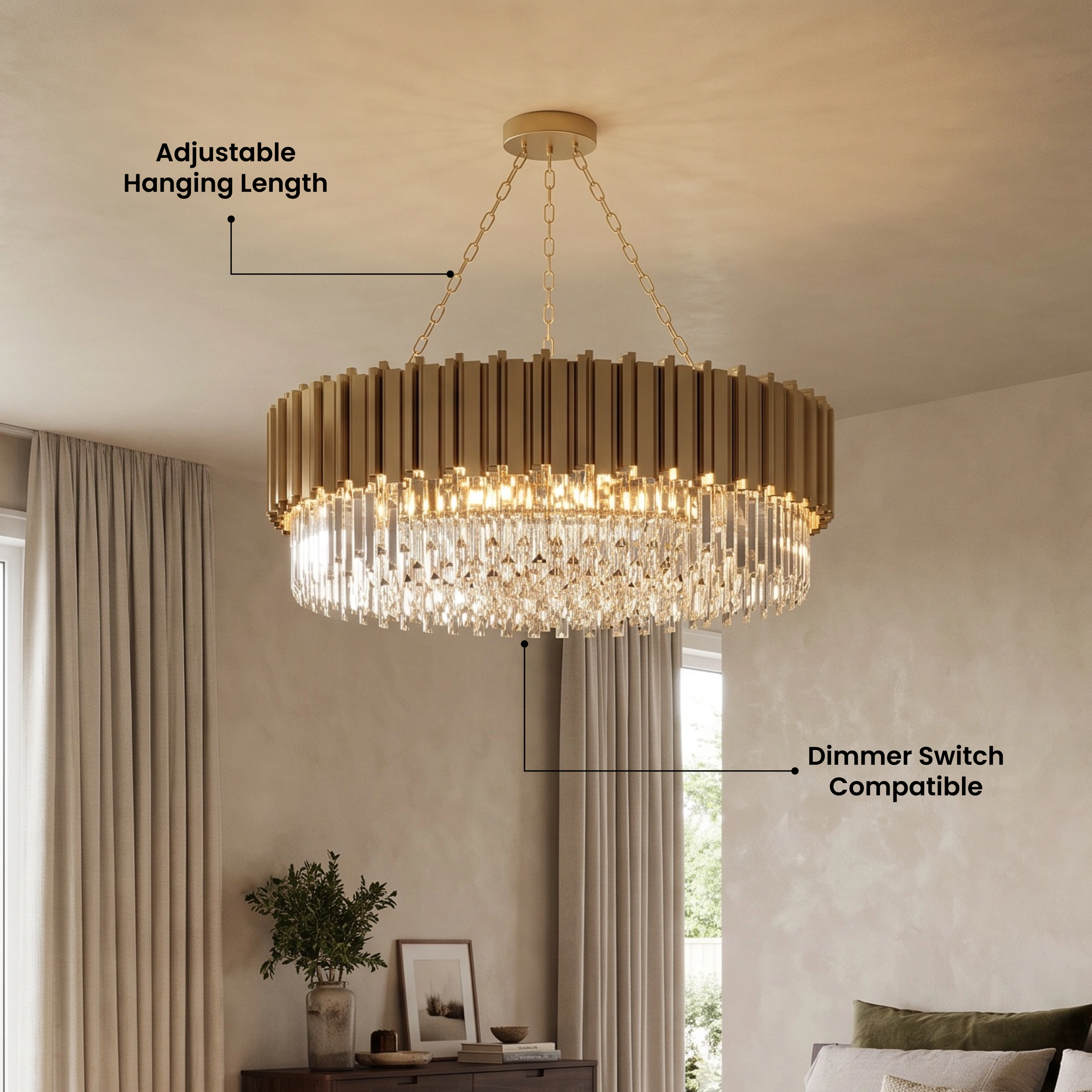 Athena gold crystal chandelier in a tall bright hallway, five-star statement-piece review overlay