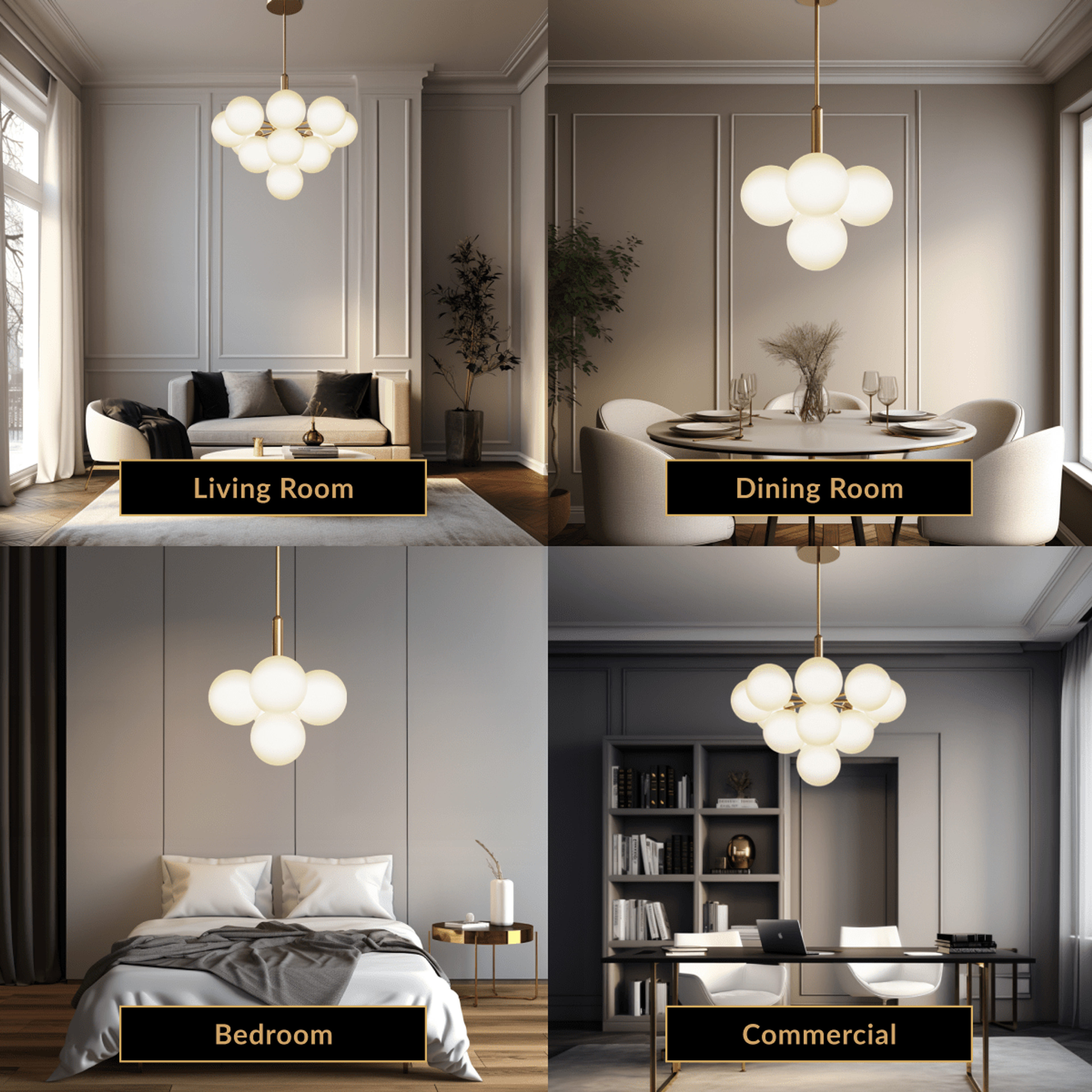 Angelica gold pendant, cluster of four white opal-glass globes on a brass rod, shown in four room settings