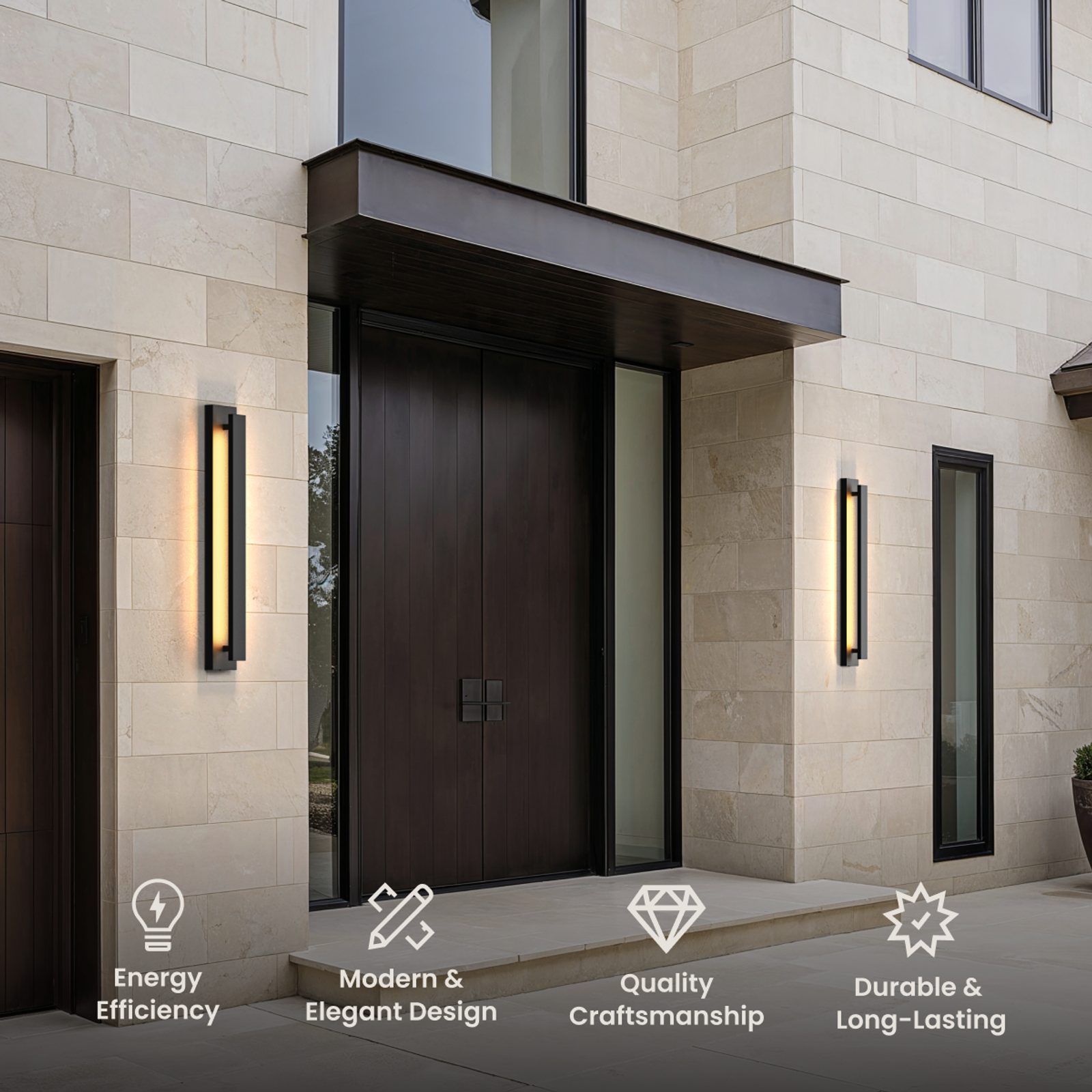 Vetra outdoor sconces, elongated black frames with vertical LED light bands flanking a wood door