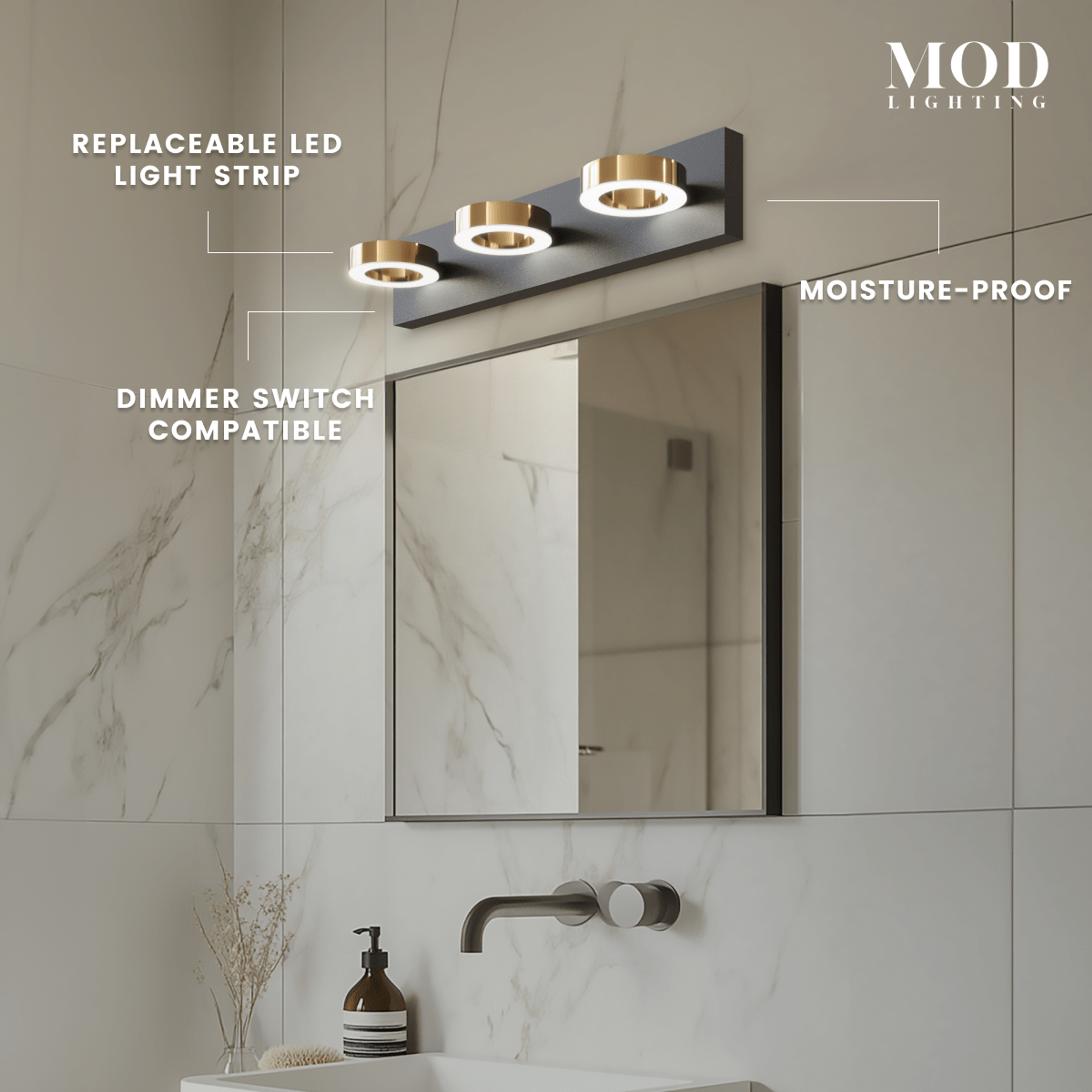 Aurora black three-light vanity fixture with gold ring accents shown in vanity, laundry, bathroom and powder-room settings