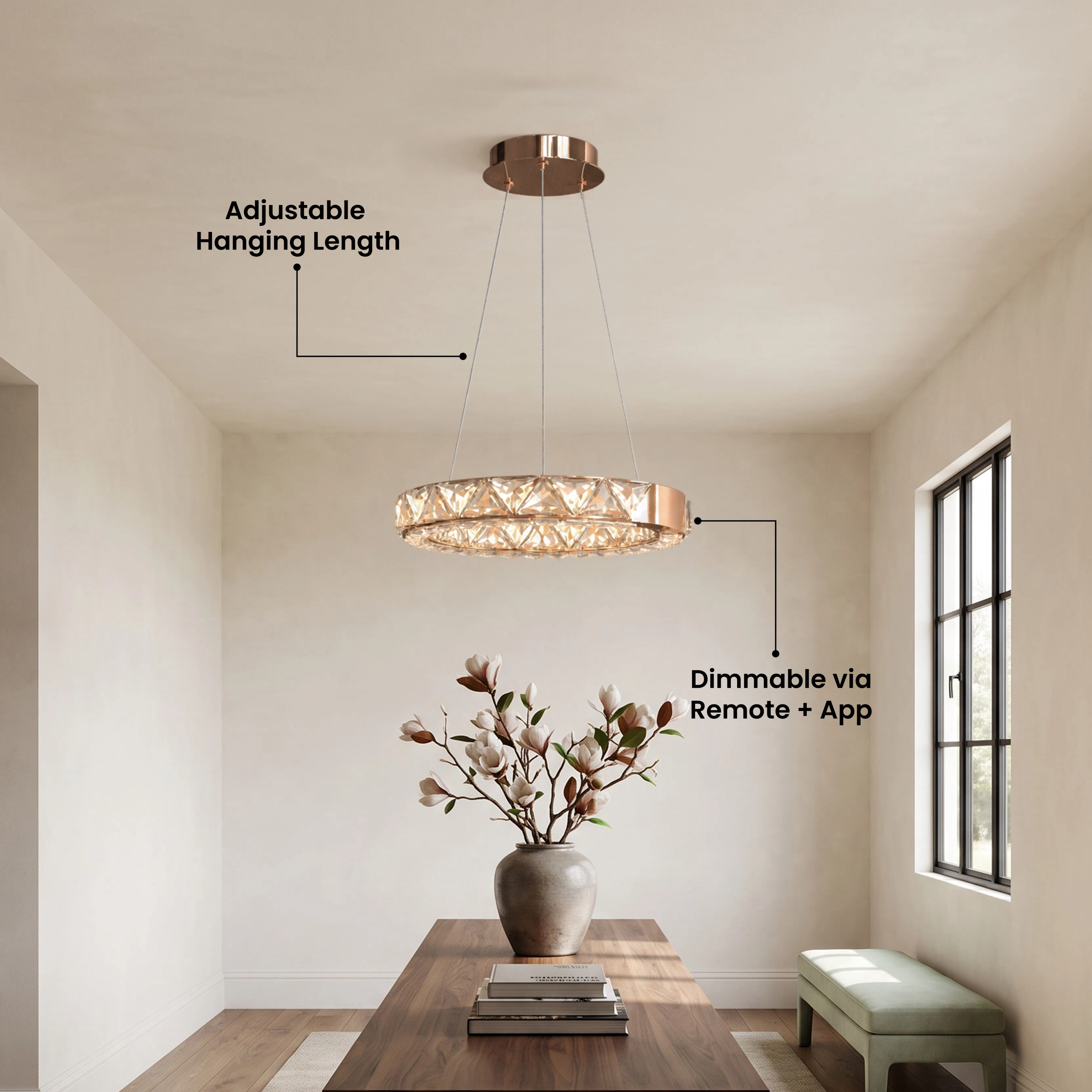 Jana Smart crystal ring chandelier in a dining room, labeled adjustable hanging length and dimmable via remote and app
